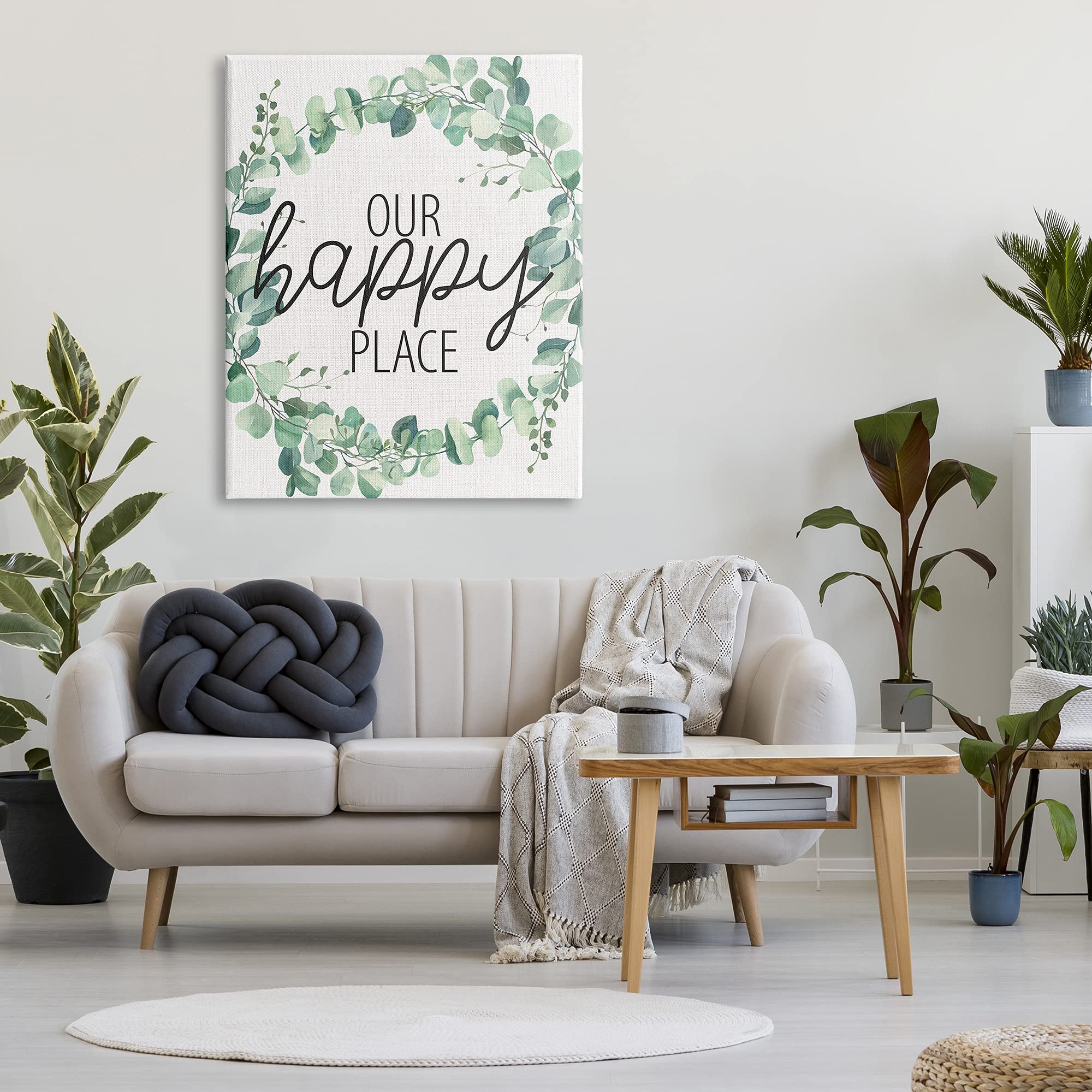 Stupell Industries 'Our Happy Place' Greenery Eucalyptus Wreath Canvas Wall Art - 36