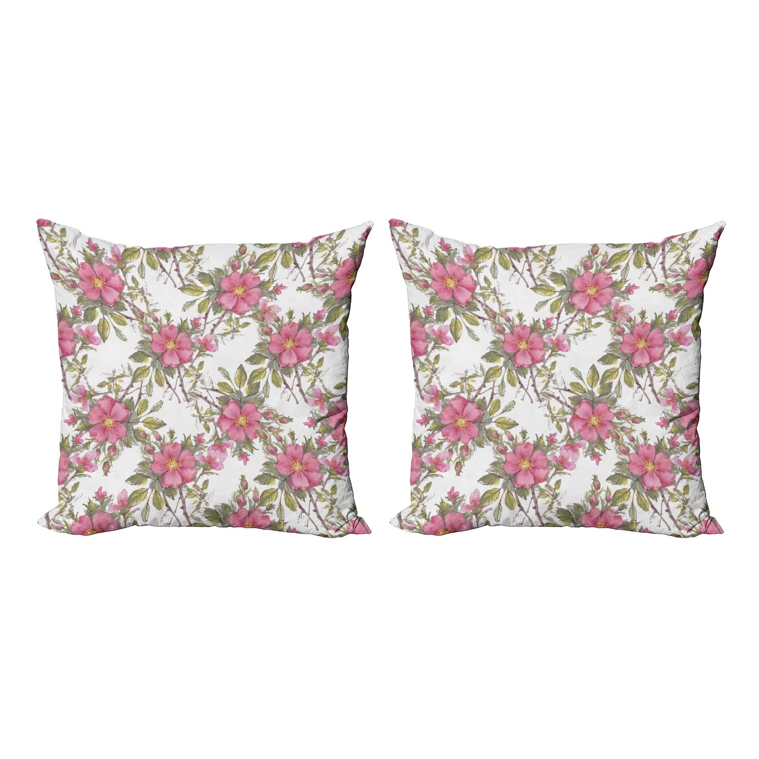 Ambesonne Floral Pillow Covers Set of 2 - Dog Rose Garden Design for Sofa & Bed Decor