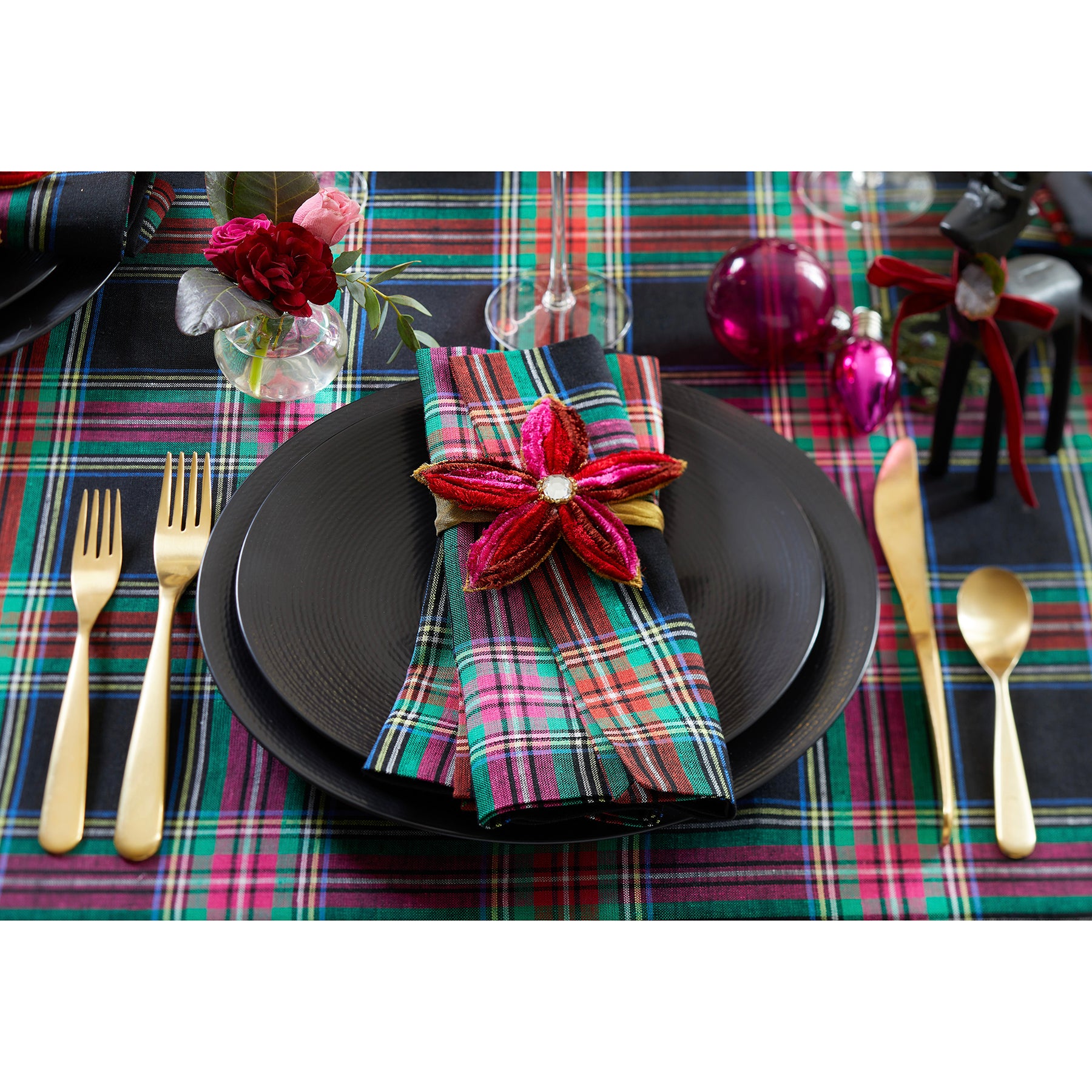Premium Jewel Plaid Napkins - Set of 4 Cotton Dinner Napkins for Holiday Table Setting, Christmas Dinner, and Party Decor