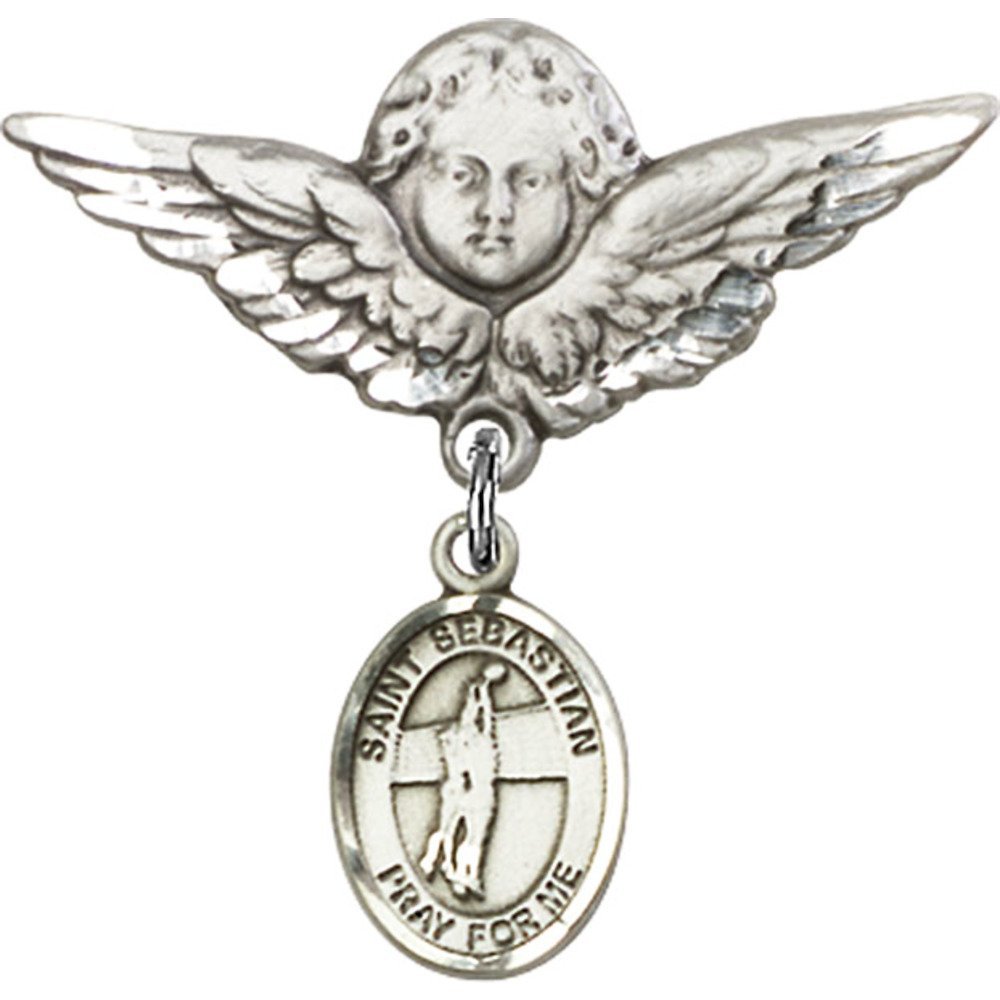 St. Sebastian Volleyball Sterling Silver Baby Badge with Angel Wing Charm - Perfect for Baptisms, Christenings, and First Communion Gifts