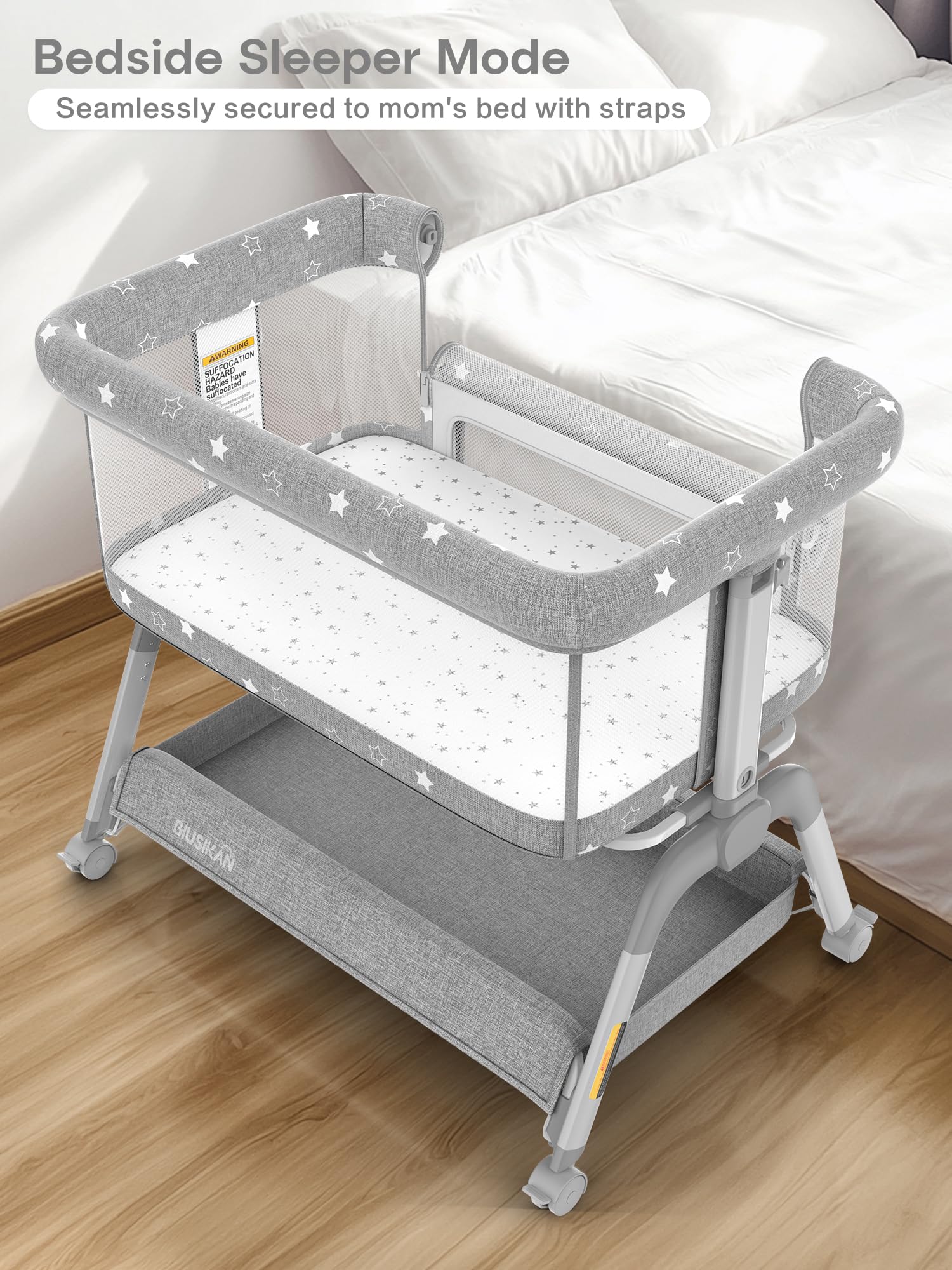 Portable Adjustable Height Baby Bassinet Bedside Sleeper with Mattress & Wheels - All Mesh Breathable Crib for Newborns - Perfect for Co-Sleeping, Nursery, Bedroom & Travel