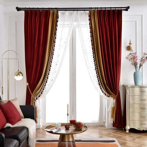 Luxury Velvet Curtains - Red & Beige Spliced Design for Living Room & Bedroom - Blackout Drapes with Thermal Insulation - Premium Home Decor for Windows