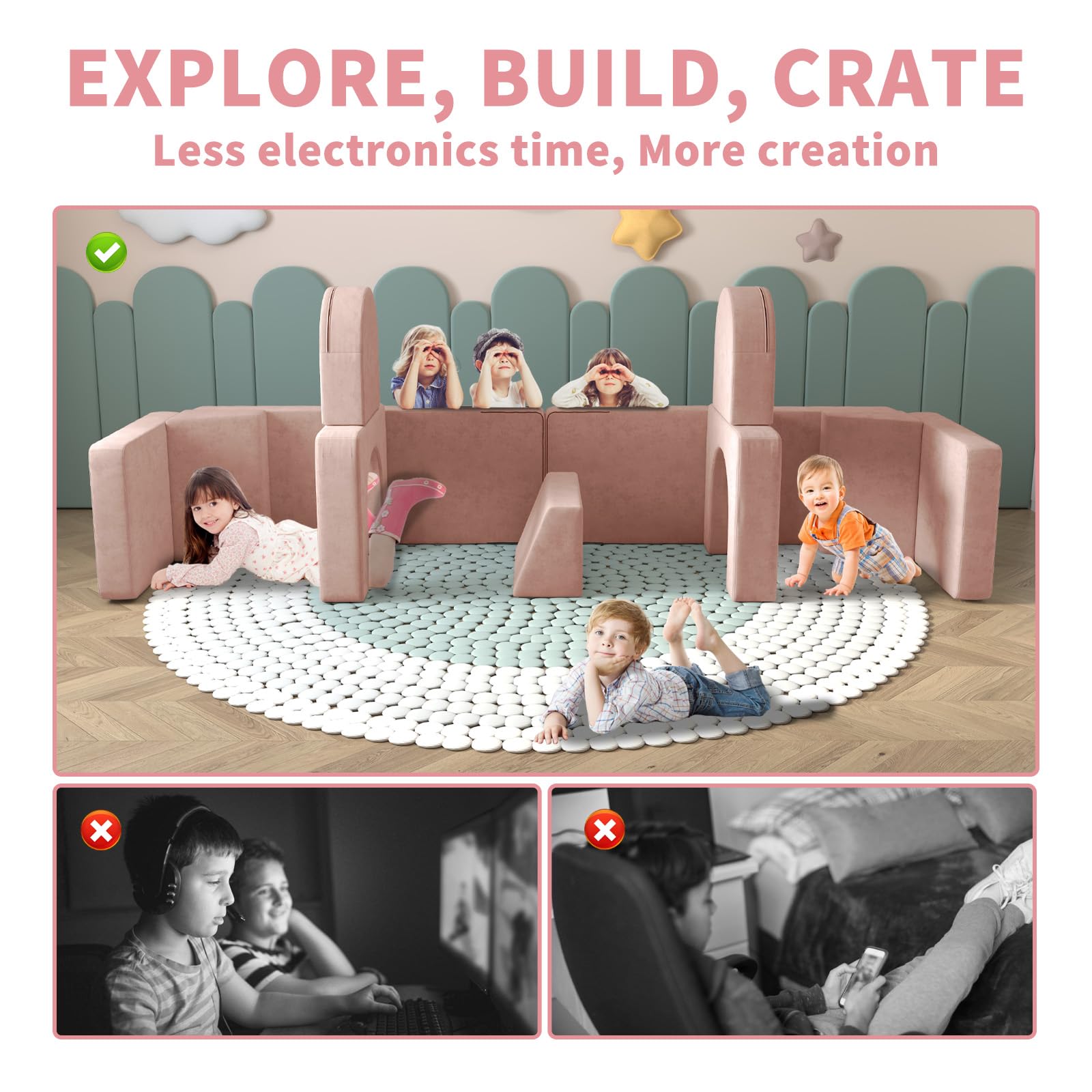 Wanan Kids Couch 12PCS - Modular Play Sofa for Toddlers & Children, 12-in-1 Multifunctional Playroom Furniture for Creative Play, Nap Time & Relaxation - Light Pink Toddler Couch for Boys & Girls - Perfect for Playrooms, Bedrooms & Daycare Centers