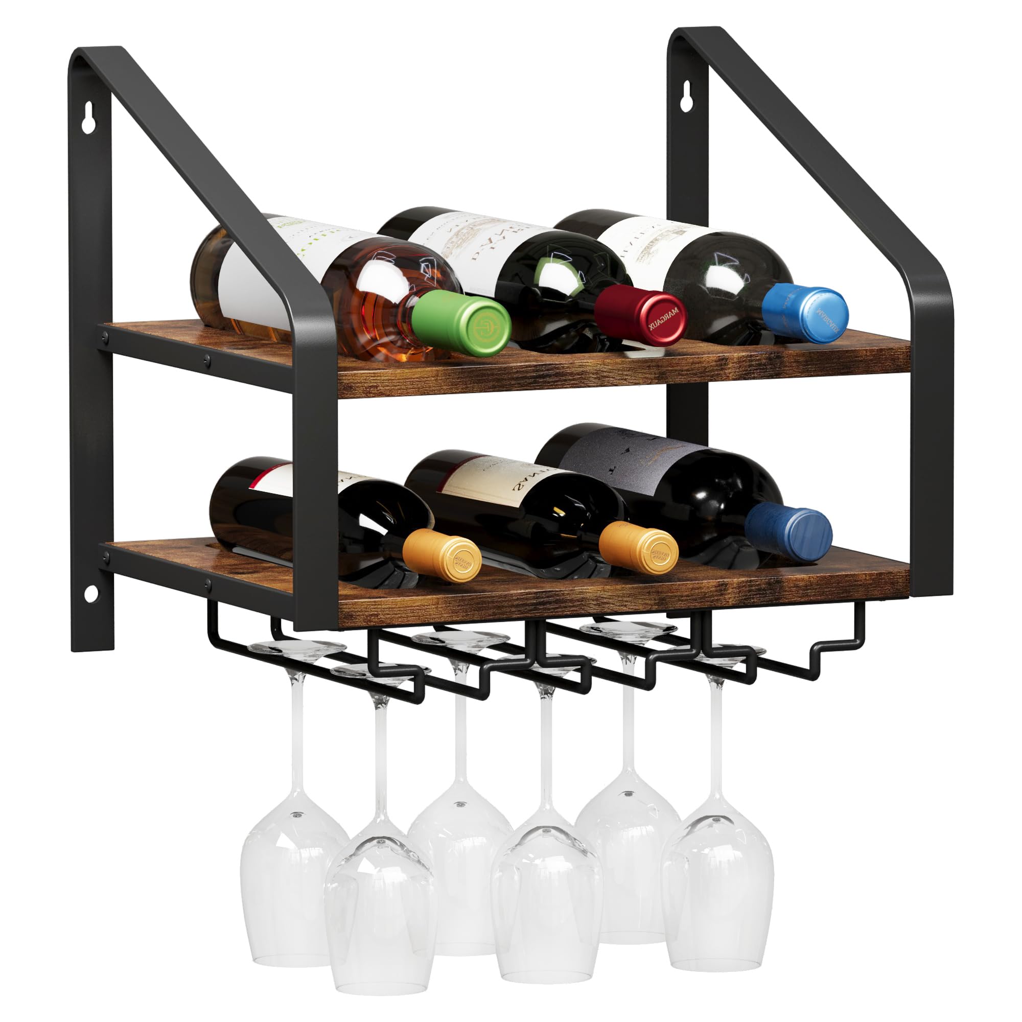 2-Tier Wall Mounted Wine Rack for 6 Bottles & 6 Glasses - Solid Wood & Metal Wine Bottle Holder for Home Bar, Kitchen, Dining Room - Space-Saving Wine Storage Solution (Brown Black) - Perfect for Small Spaces, Apartment Living & Entertaining Guests