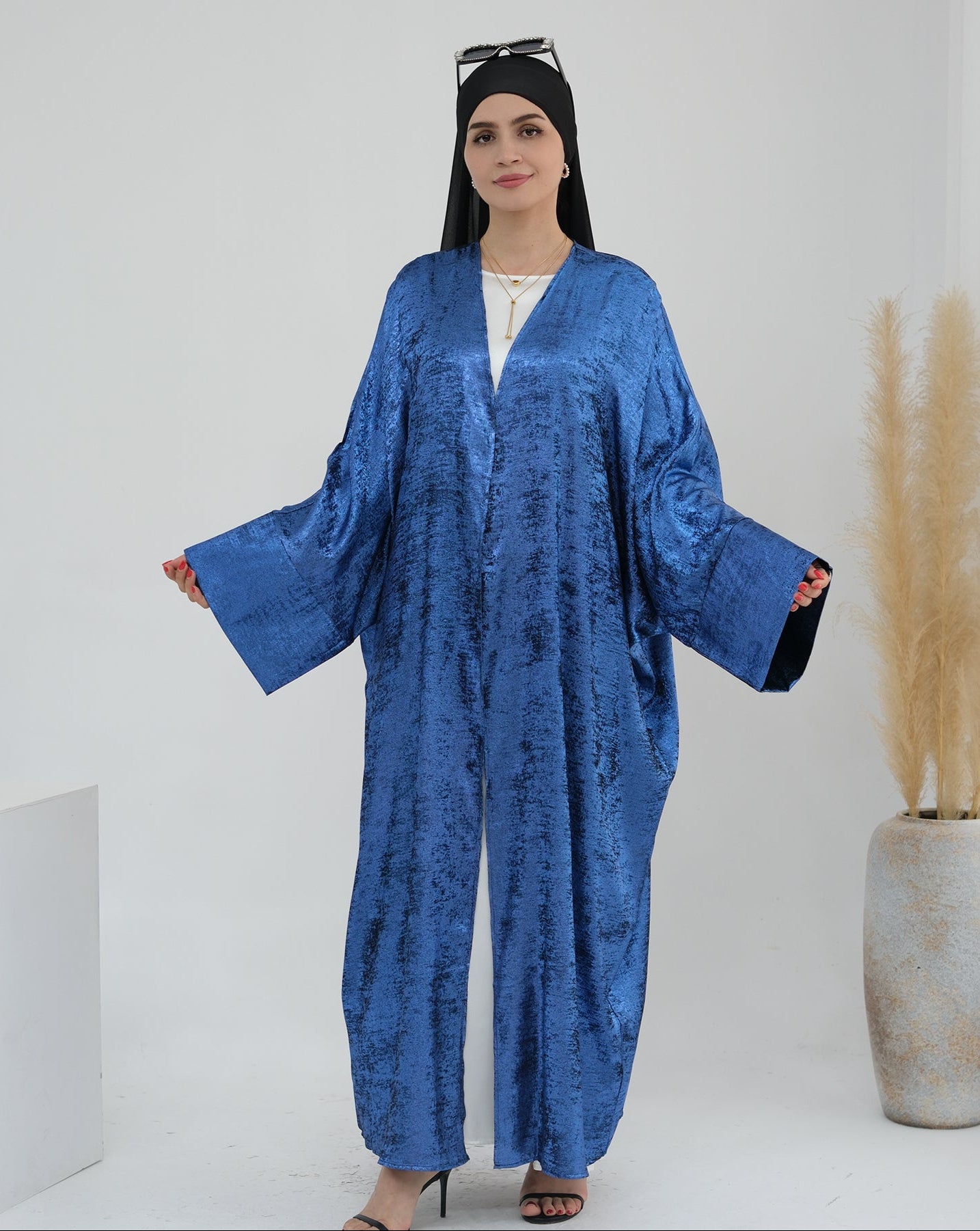 Draya Shimmer Kimono Open Abaya - Elegant Blue Muslim Abaya Dress for Women | Perfect for Prayer, Eid, Wedding & Special Occasions