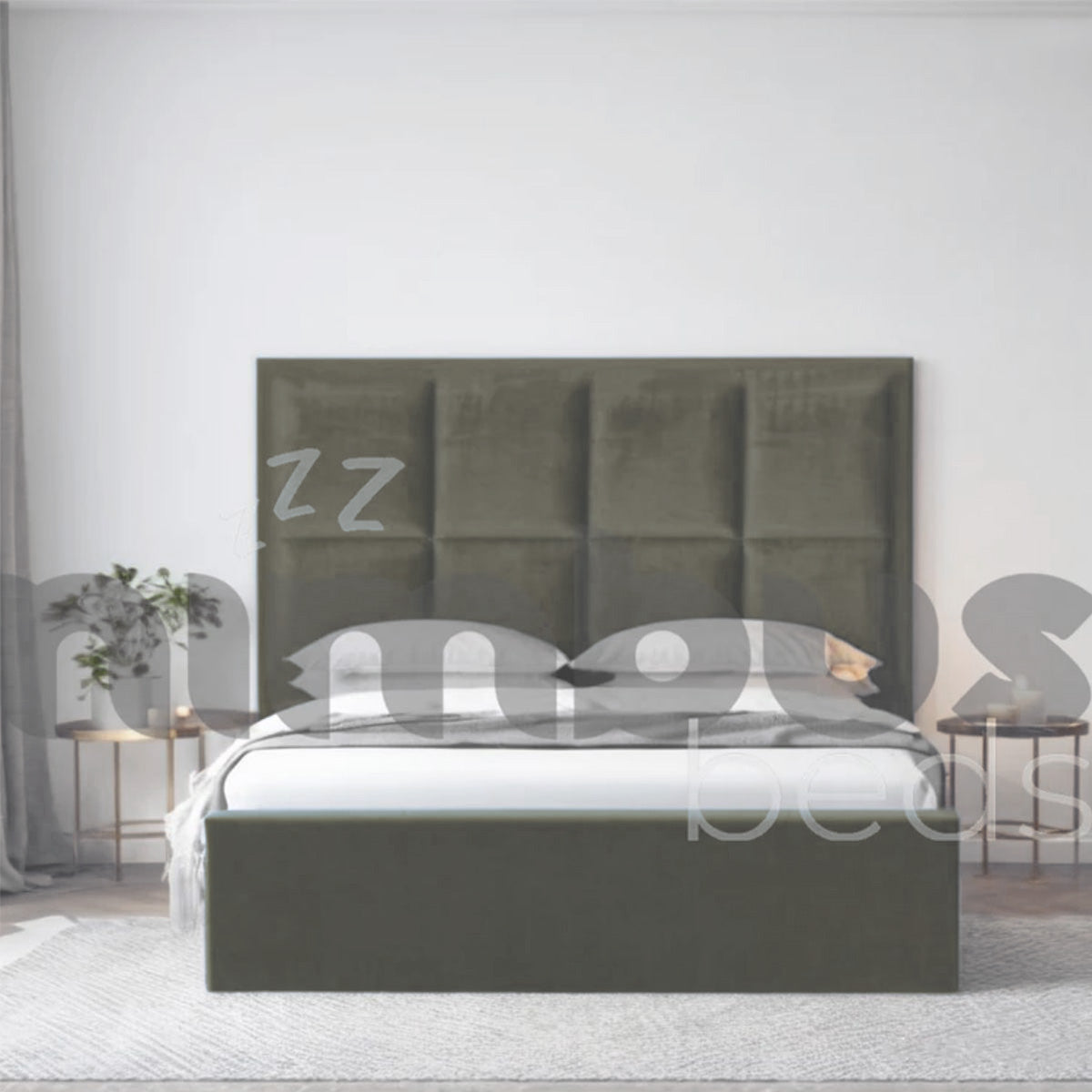 8 Square Panel Bed Frame - Queen Size Wooden Platform Bed with Upholstered Headboard - Perfect for Modern Bedrooms & Guest Rooms