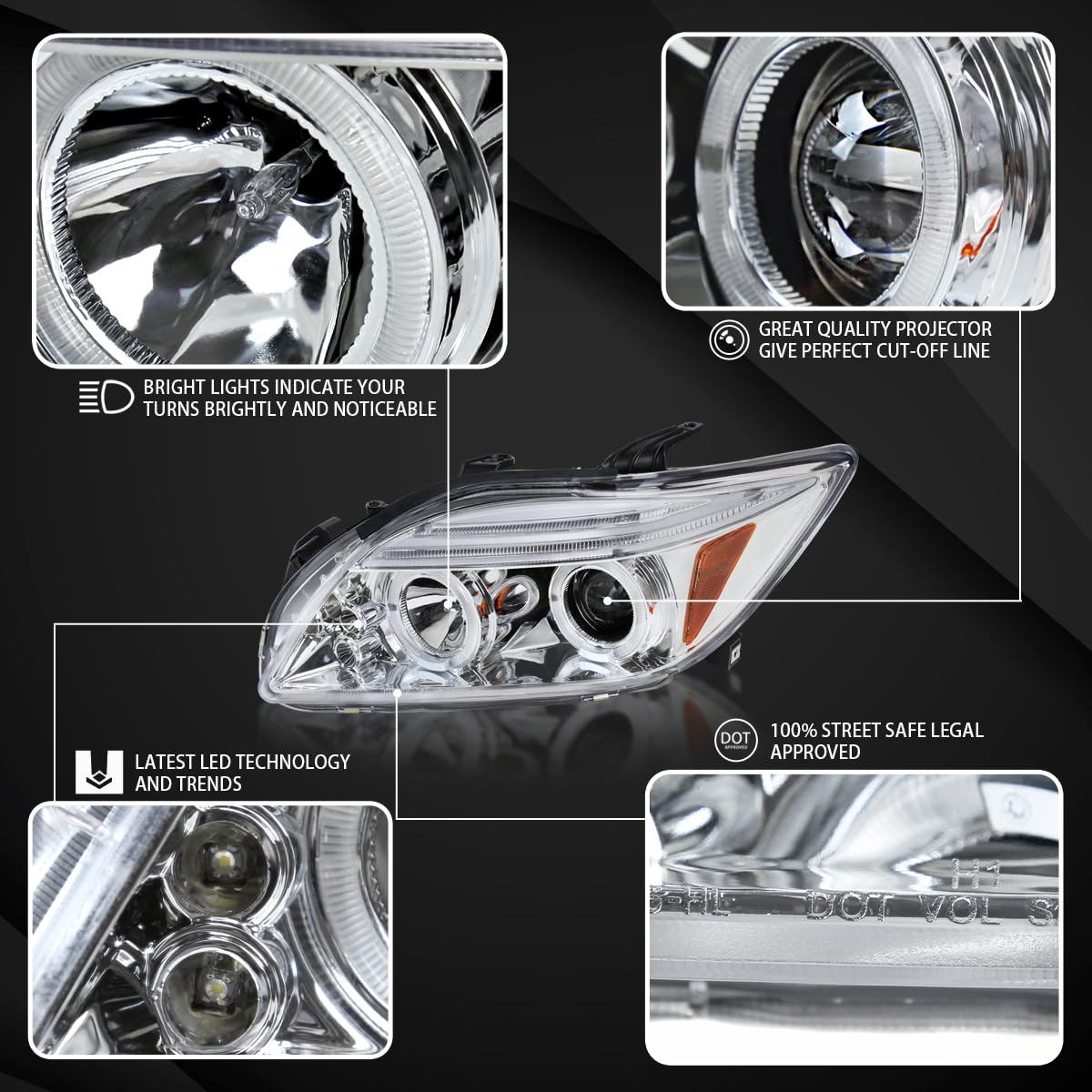 AUTOZENSATION LED Halo Projector Headlights for 2005-2010 Scion tC - Left & Right Pair Headlamp Assembly with Chrome Housing & Clear Lens - Perfect for Night Driving & Car Upgrades