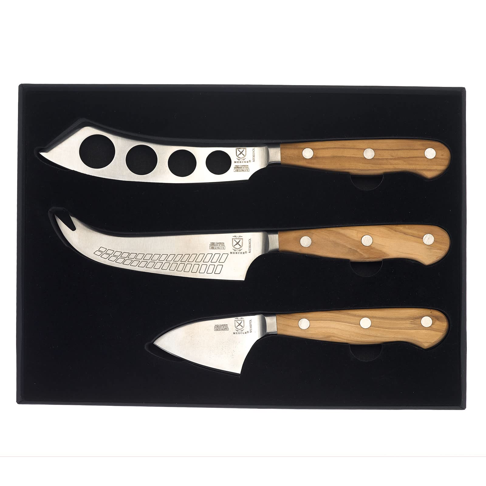 Premium Mercer Culinary Renaissance Olive Wood Cheese Knife Set - 3-Piece Handcrafted Cheese Cutting Board & Knives for Entertaining, Charcuterie Boards & Gourmet Cheese Platters