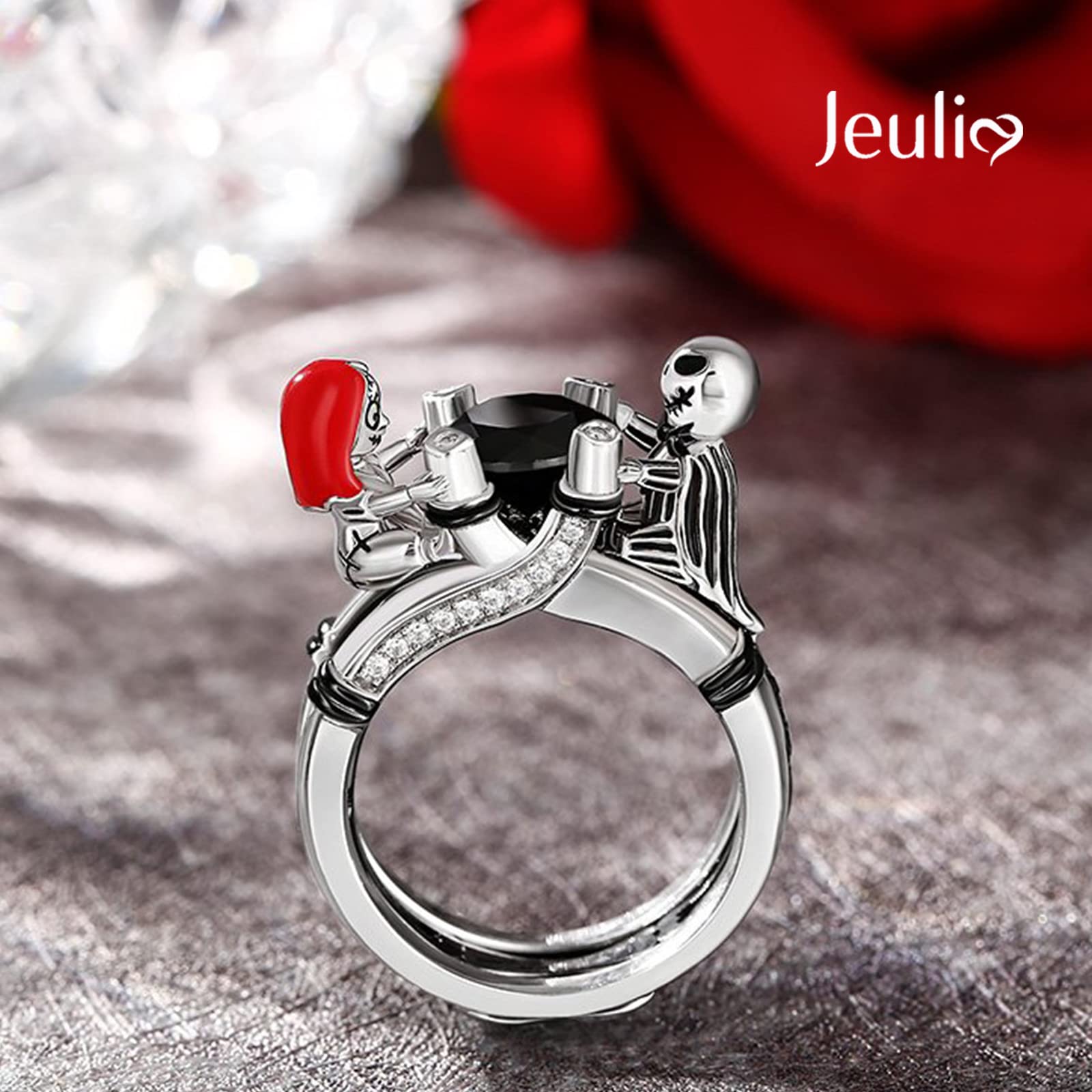 Jeulia Sterling Silver Skull Couple Ring - Hug Me Magic of Love Round Cut Engagement Band for Women, Wife, Girlfriend - Perfect for Wedding, Anniversary, Christmas & Birthday Gifts (Includes Jewelry Box) | Gothic Romance Jewelry for Couples & Alternative Style Lovers