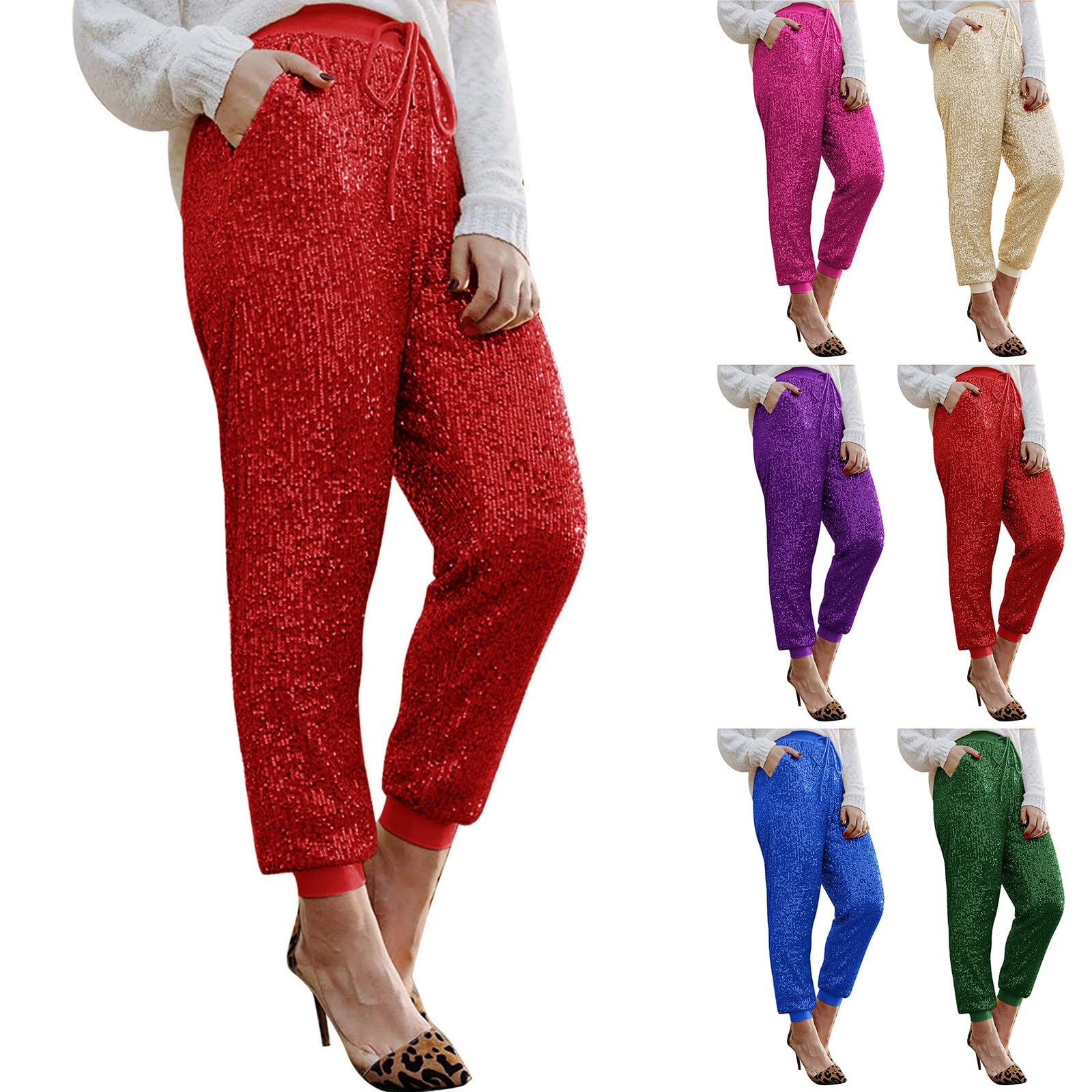 Sparkle Sequin Pants for Women - Shiny Glitter Party Pants with Drawstring Waist | Elegant Evening Wear, Club Outfits & Special Occasion Fashion