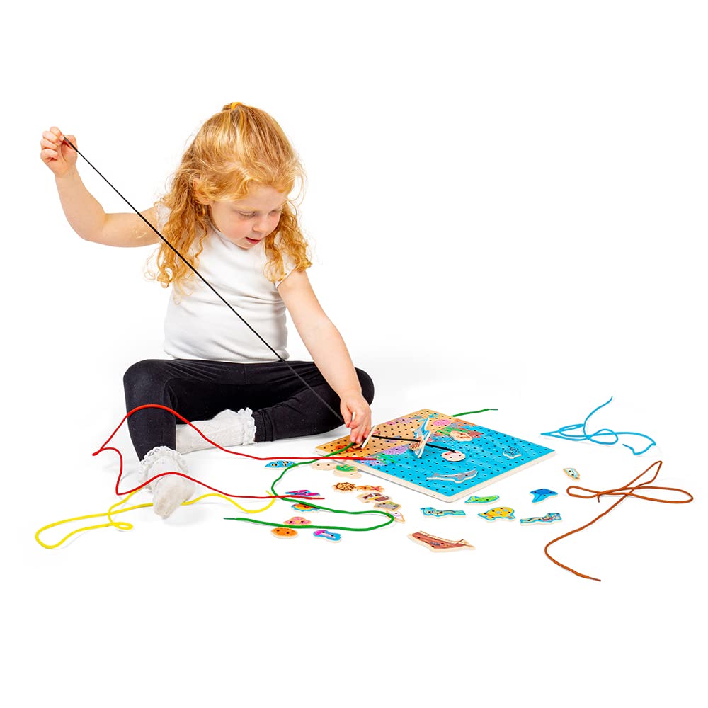Bigjigs Toys Marine Lace-a-Shape Game - 30 Geometric Shape Lacing Cards & 6 Laces for Toddlers, Fine Motor Skills Development Toy, Early Learning Threading Activity for Kids Ages 2+ | Perfect for Preschool Classroom, Montessori Education & Home Playtime