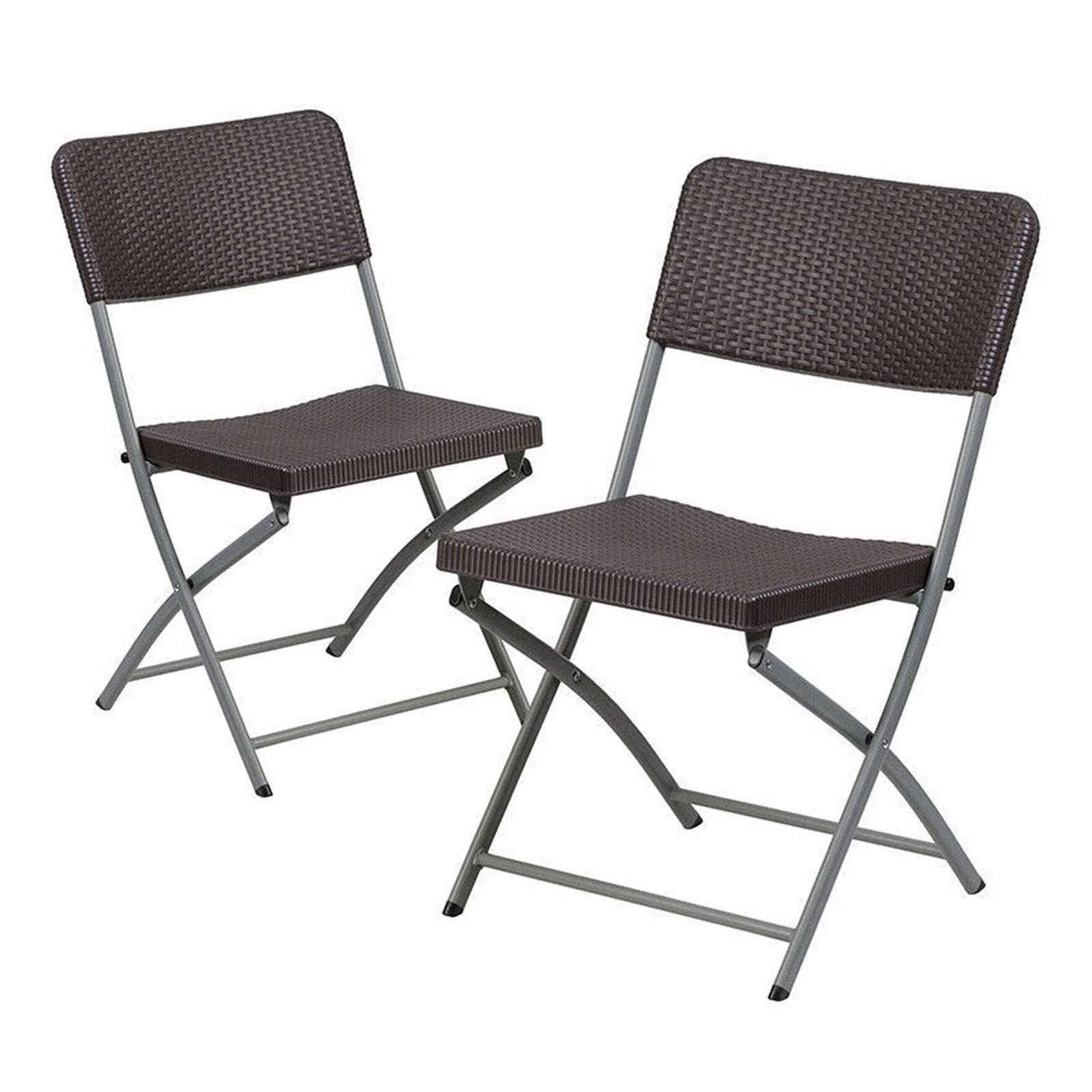 2 Pack Brown Rattan Plastic Folding Chairs with Gray Frame - Lightweight Portable Event Chairs for Living Room, Patio, Garden, and Outdoor Gatherings