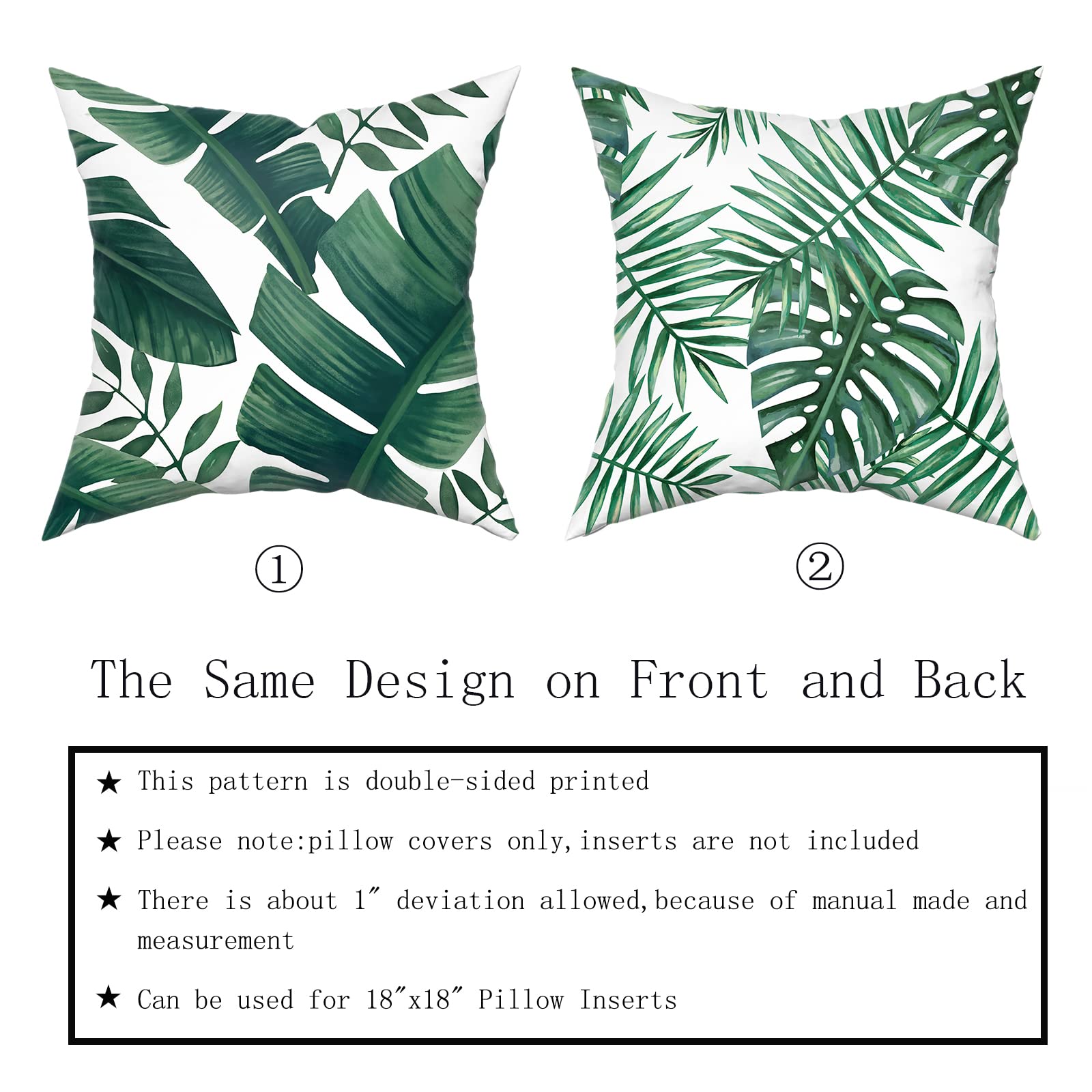 Tropical Palm Leaf Pillow Covers 18x18 Inch - Set of 2 Soft Cotton Square Cushion Covers with Hawaiian Plant Print for Home Decor, Couch, Sofa, Patio & Bedroom - Perfect for Summer, Beach & Boho Style Living Spaces