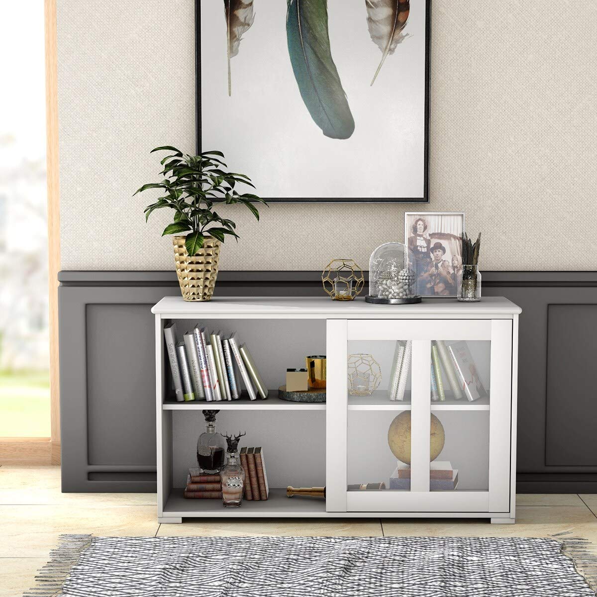 Modern White Wooden Buffet Cupboard with Glass Sliding Doors - Kitchen Storage Sideboard, Contemporary MDF Varnished Cabinet for Dining Room & Living Room Organization
