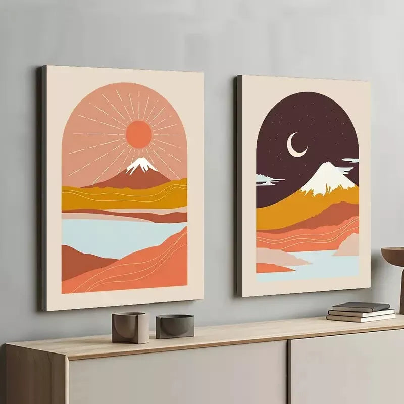 2pcs Modern Abstract Landscape Sunrise & Night Sky Wall Art - 50x75cm Framed Canvas Prints | High Quality 100% Australian Made | Ready to Hang | Perfect for Living Room, Bedroom & Office Decor