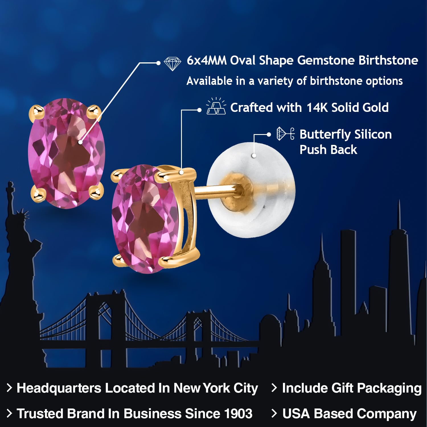 14K Gold Oval Birthstone Stud Earrings for Women & Men | 6x4mm Gemstone Jewelry | Perfect Gift for Mom, Wife, Her | Elegant Fine Jewelry for Everyday Wear & Special Occasions