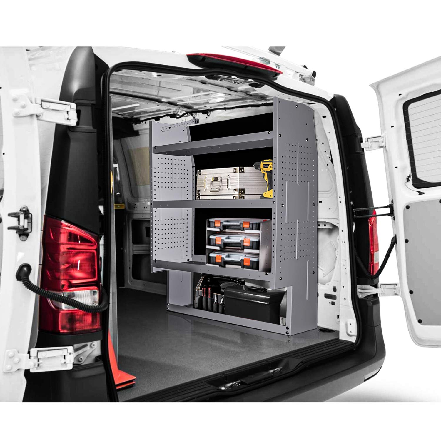 P-SH-Tote Shelf Kit for Van Shelving Storage – 3 Plastic Storage Boxes with Organizer Holder for Small Parts, Screws & Hardware | Perfect for Van Organization, DIY Projects & Tool Storage