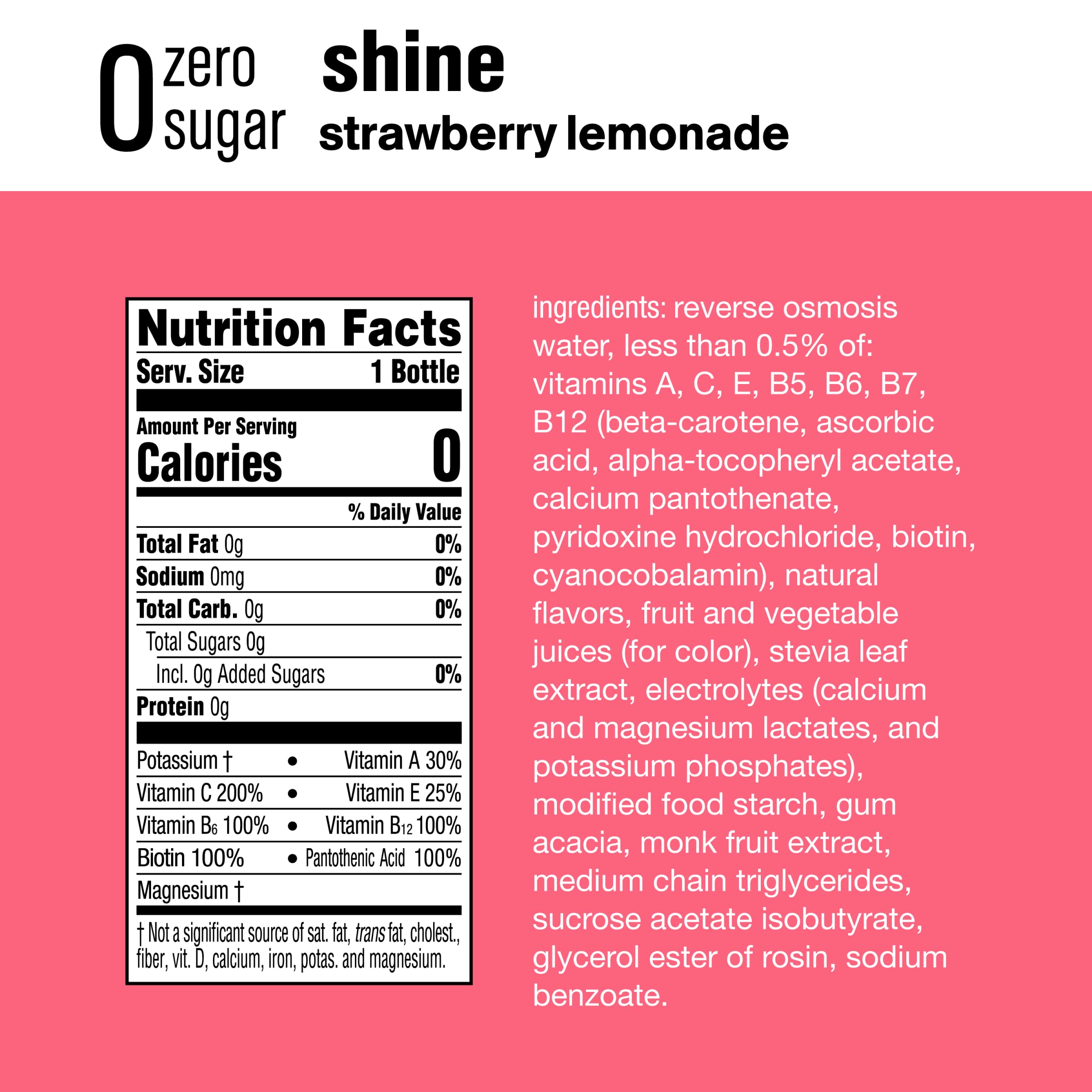 VitaminWater Zero Sugar Shine - Electrolyte Enhanced Water with Vitamins, Strawberry Lemonade Flavor, 20 fl oz (12 Pack) | Hydrating & Refreshing for Workouts, Travel & Daily Hydration
