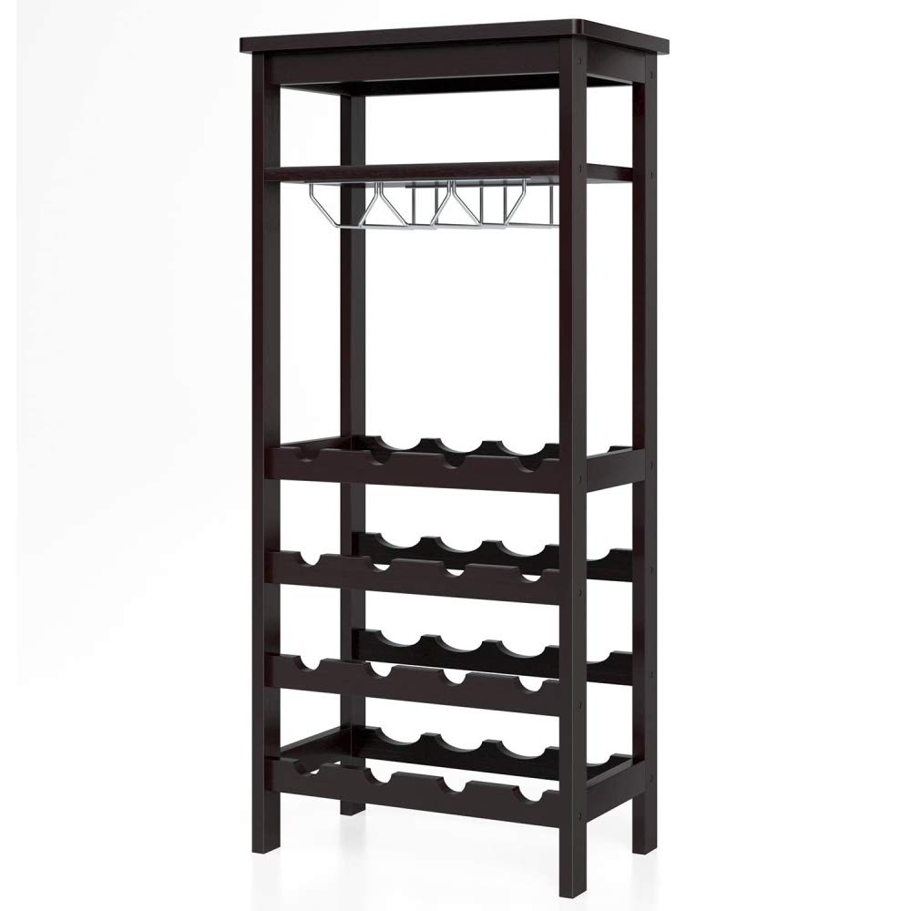MengK 6-Tier Wooden Wine Rack with Glass Holder - Free Standing Wine Storage Display Shelf for 16 Bottles - Perfect for Kitchen, Dining Room, Bar, and Home Decor