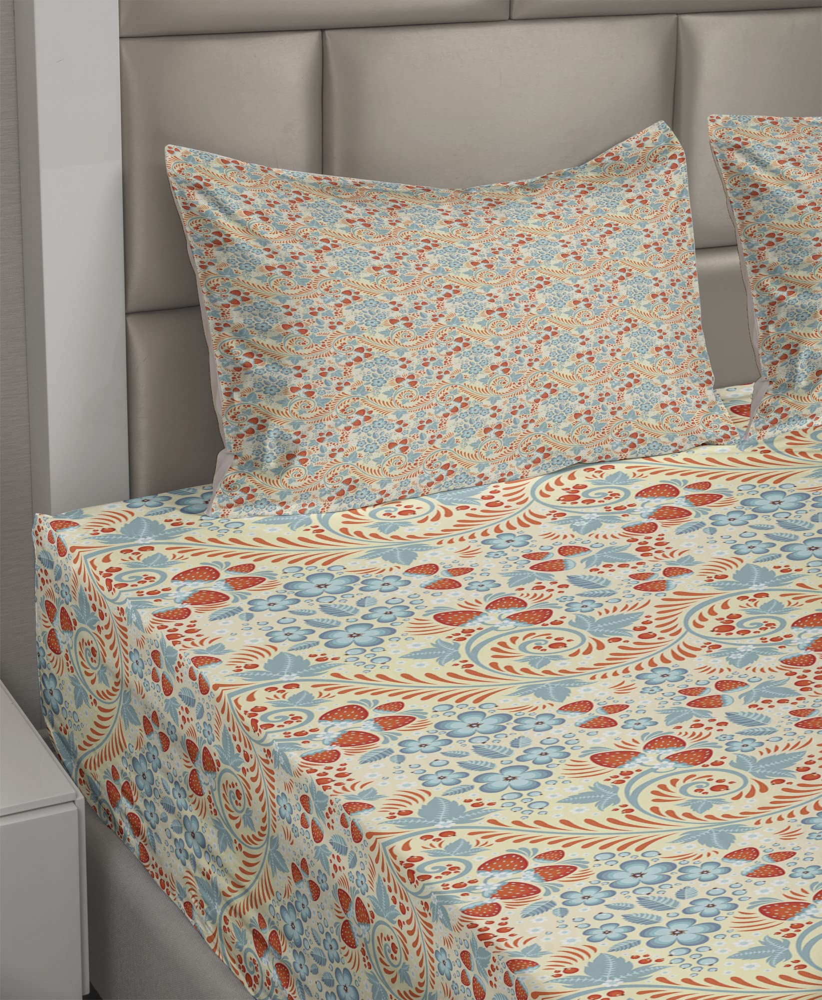 Ambesonne Floral Bed Sheet Set 4-Piece - Traditional Khokhloma Style Flowers & Strawberries Design - King Size Fitted & Flat Sheets with Pillowcases - Cream, Pale Teal & Vermilion - Perfect for Master Bedroom, Guest Room & Vacation Homes