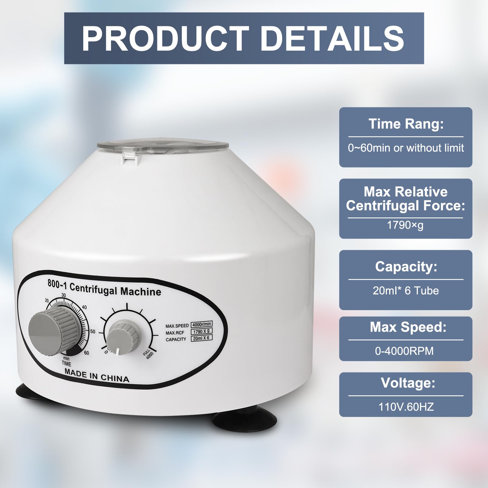 NORJIN 4000 RPM Electric Lab Centrifuge Machine with Speed Control & Timer, 6 x 20ml Capacity, 110V Benchtop Centrifuge for Laboratory Use - Ideal for DNA/RNA Extraction, Blood Sample Processing & Medical Research