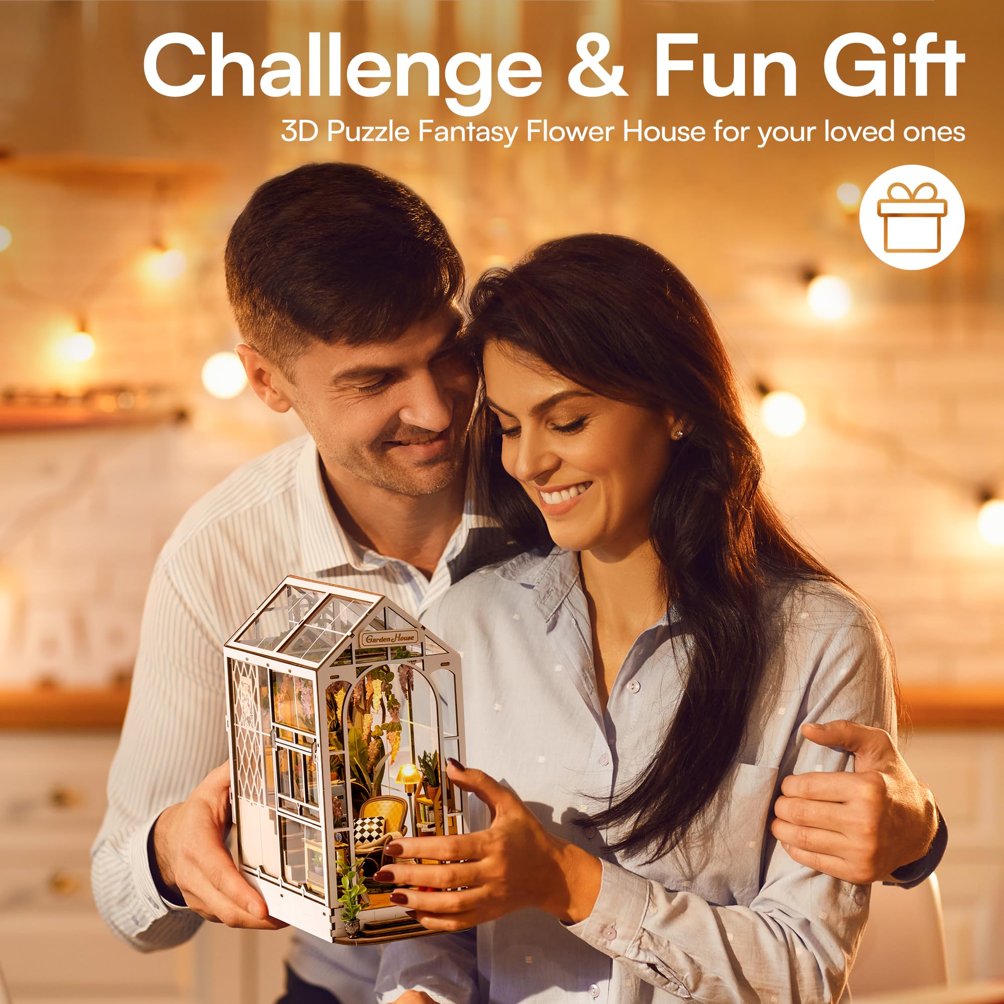 ROBOTIME DIY 3D Wooden Book Nook Kit - Miniature Garden House Model with LED Lights, Creative Bookshelf Insert & Bookend Decor | Perfect for Home Office, Library Display, and Unique Gift for Puzzle Lovers
