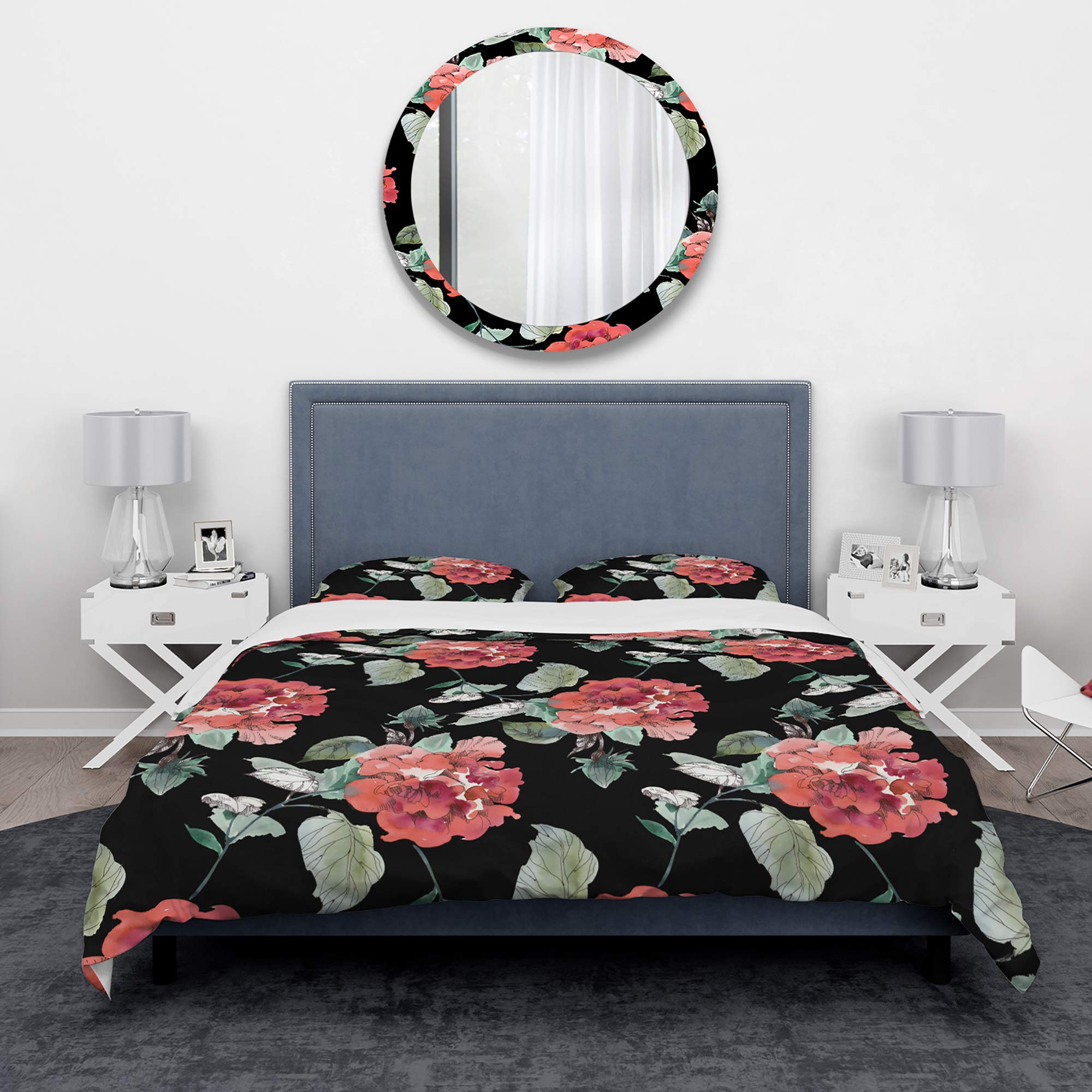 DesignQ Red Rose on Black Background Nautical & Coastal Duvet Cover Set - Twin Size Floral Bedding (3-Piece) for All Seasons | Perfect for Beach House, Guest Room & Coastal-Themed Decor
