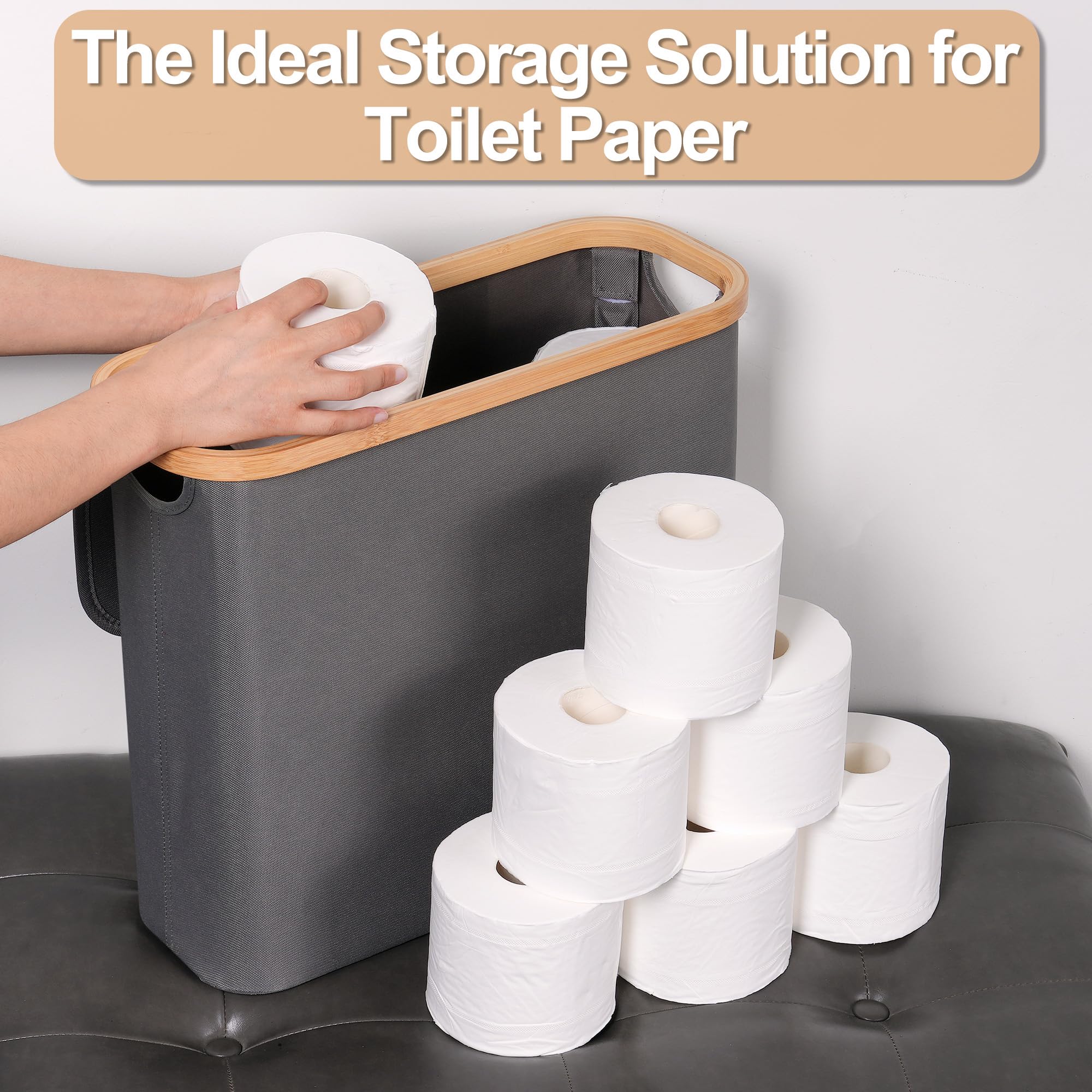 28L Grey Toilet Paper Storage Basket with Lid - Free Standing Bathroom Organizer Holds 9-12 Rolls | Perfect for Small Spaces, Apartment Bathrooms & Clutter-Free Organization