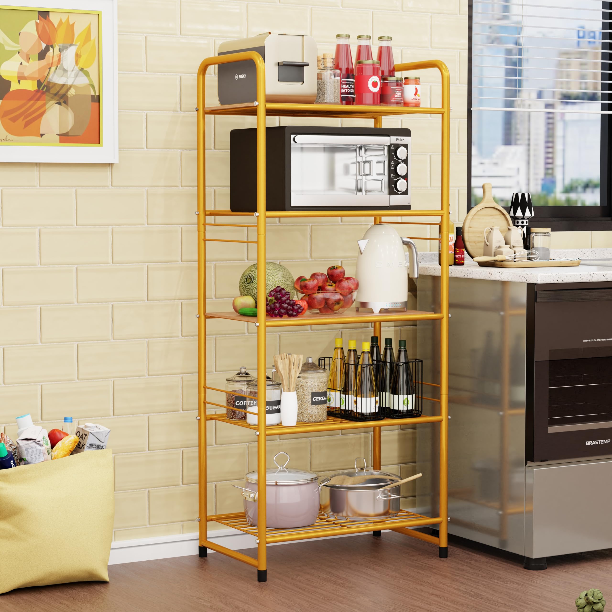 GEORIS 5-Tier Heavy Duty Metal Wire Shelving Storage Rack - 17.7-Inch Wide Steel Organizer Shelf for Bathroom, Kitchen, Garage & Outdoor Use - Waterproof Gold Finish (Indoor/Outdoor)