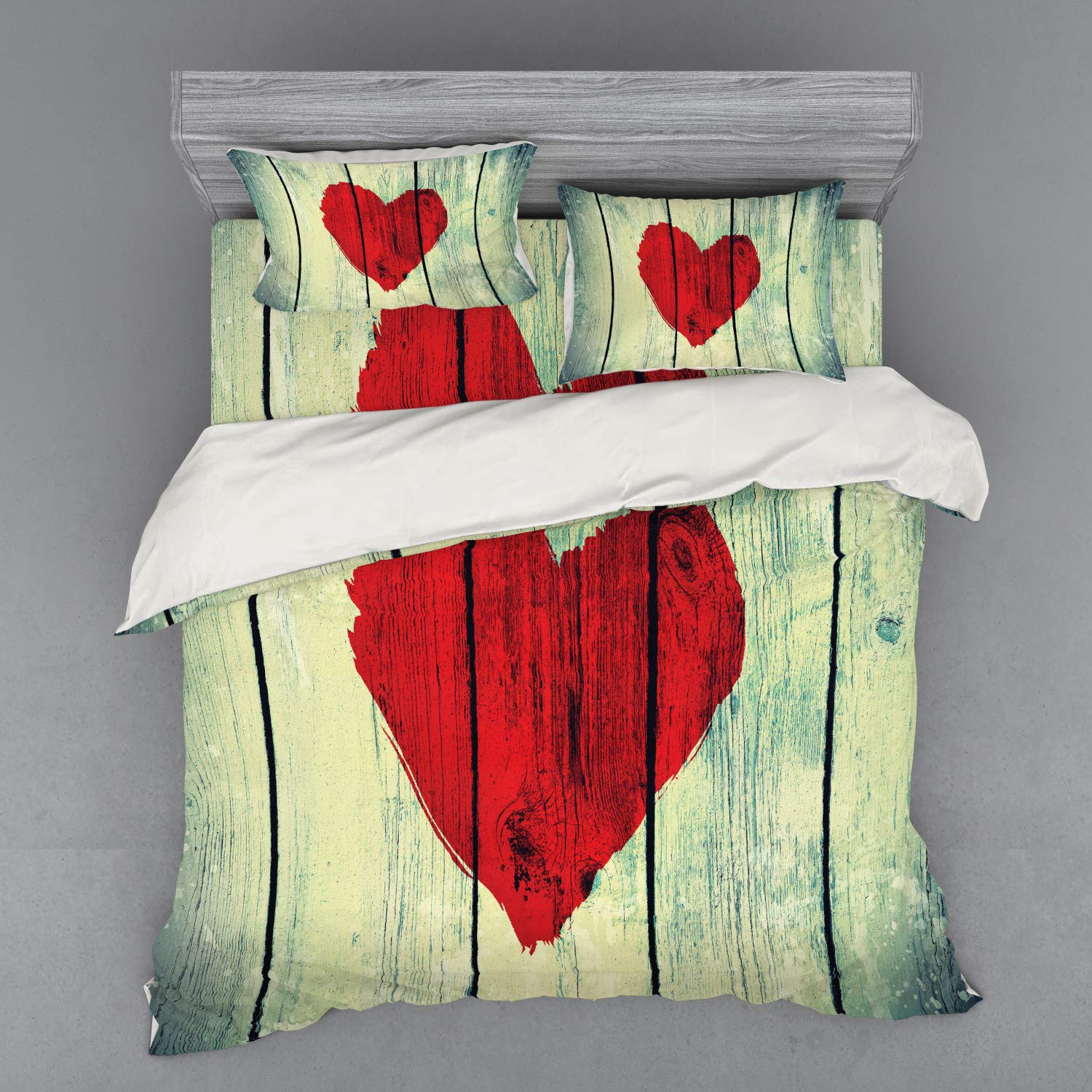 Ambesonne Love Duvet Cover Set - Heart Painted Rustic Wooden Wall Romance Print, 4-Piece Bedding Set with Shams & Fitted Sheet, King Size, Red & Pale Green - Perfect for Valentine's Day, Anniversary Gift & Romantic Bedroom Decor