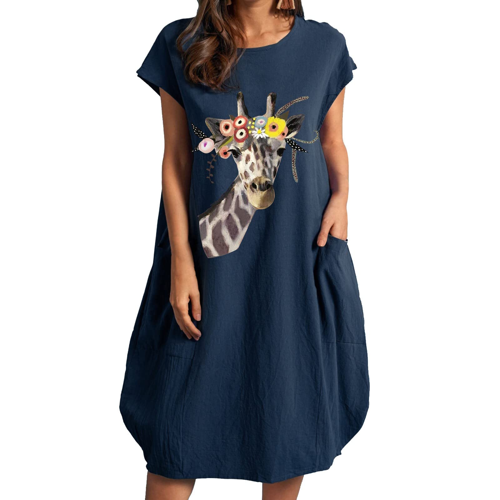 Women's Giraffe Print Loose Short Sleeve Summer Dress - Casual Round Neck T-Shirt Dress for Teens & Women | Perfect for Beach, Vacation & Everyday Wear