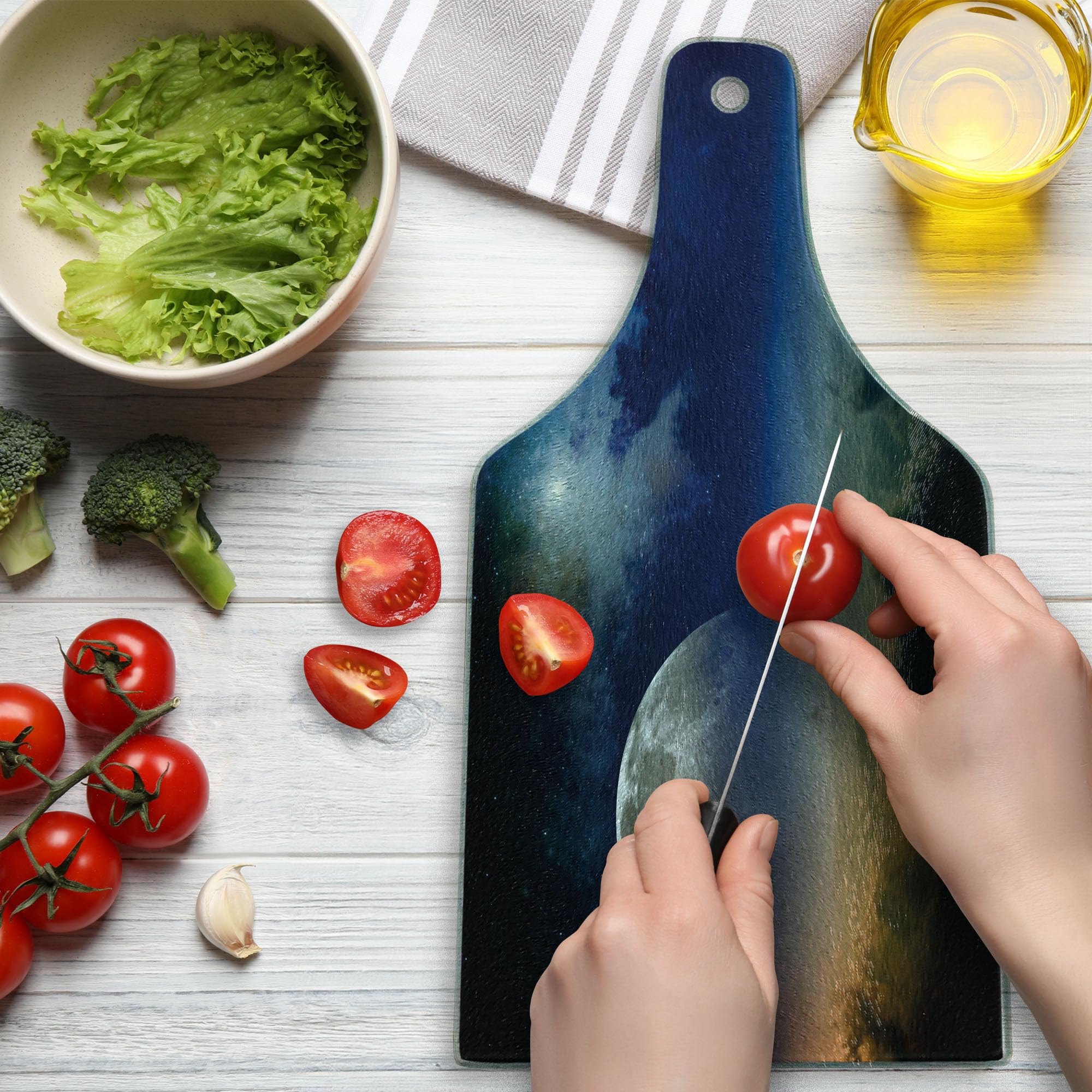 Ambesonne Moon Tempered Glass Cutting Board - Celestial Full Moon with Shooting Star Night Sky Design - Navy Blue, White & Apricot Decorative Serving Board for Kitchen, Charcuterie & Wine Pairing - Perfect for Entertaining, Housewarming Gifts & Cheese Platter Presentation