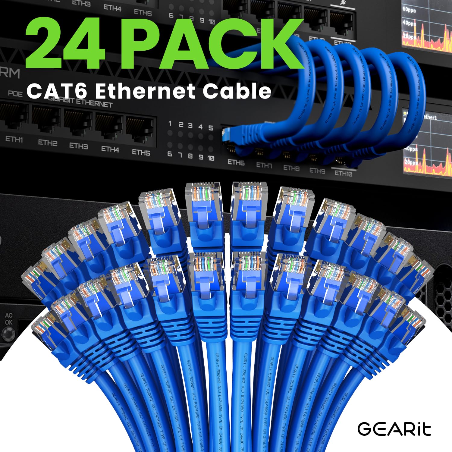 GEARit Cat 6 Ethernet Cable 24-Pack (10 Feet) - 10Gbps High-Speed Snagless RJ45 Network Patch Cord with Gold-Plated Connectors - Ideal for PC, Gaming, Smart TV, Home Office, Router, Printer & Data Center - Blue