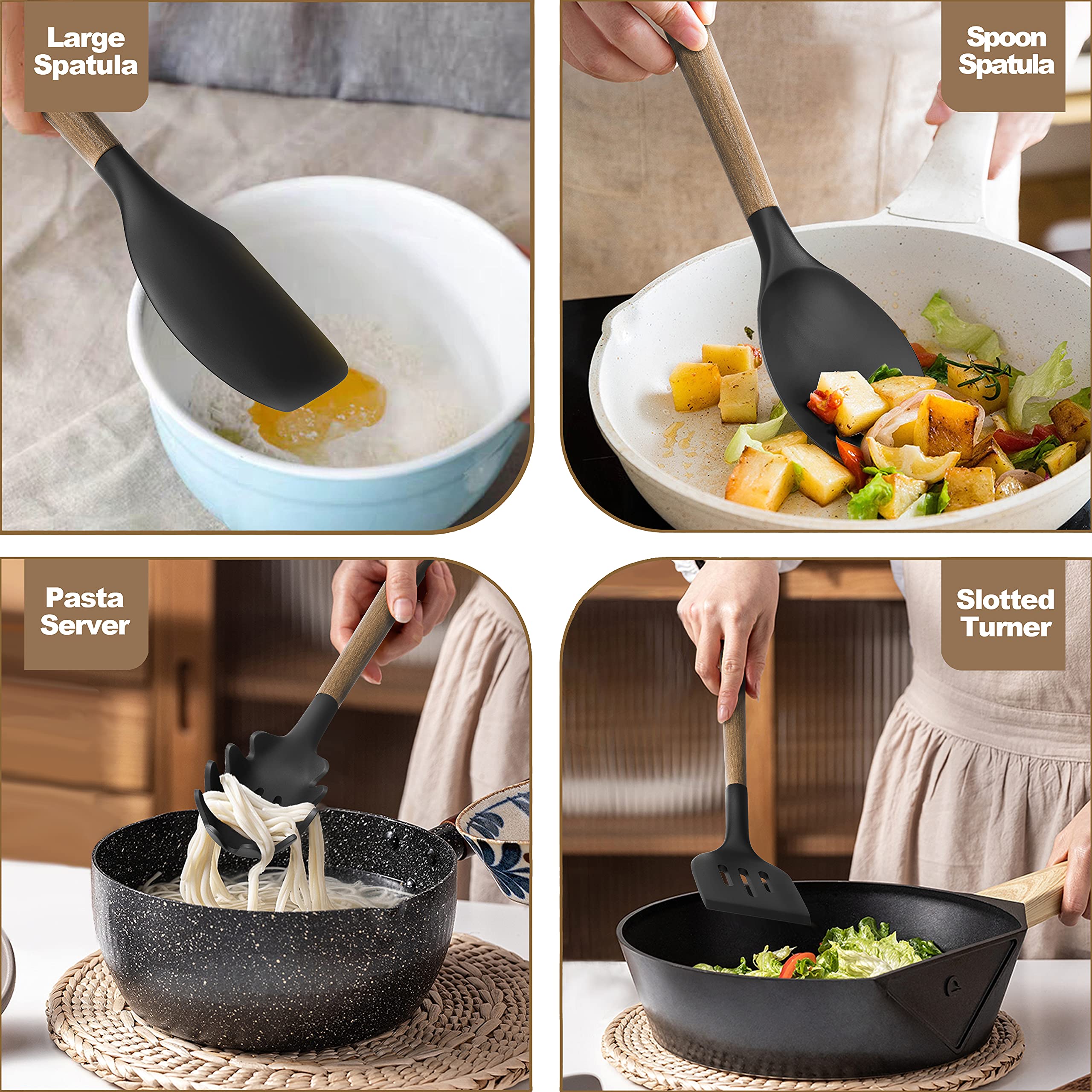Premium 9-Piece Silicone Kitchen Utensil Set with Wooden Handle - Heat Resistant up to 446°F - Nonstick Cookware Safe Spatula Set with Storage Holder (Black) - Perfect for Baking, Cooking, and Serving