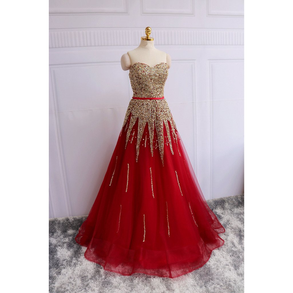 Kivary® Red A-Line Prom Dress with Gold Beading - Long Corset Sash Sweetheart Neckline Evening Gown for Homecoming, Wedding, Pageant & Formal Events