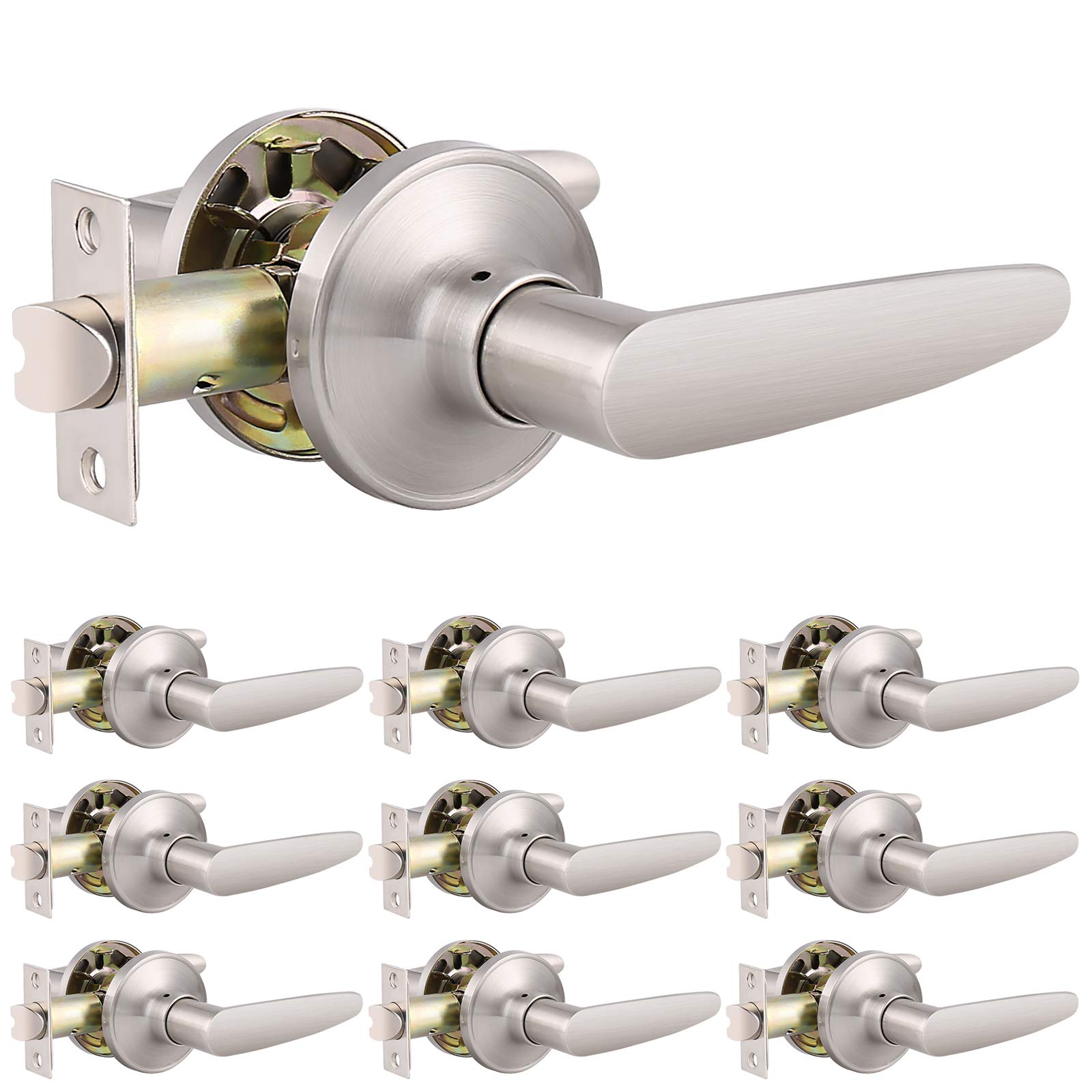 10-Pack Brushed Nickel Door Leverset with Straight Handle - Passage Flat Door Levers for Hallway, Closet & Interior Doors - Smooth Unlocking Door Handles for Home & Office Use