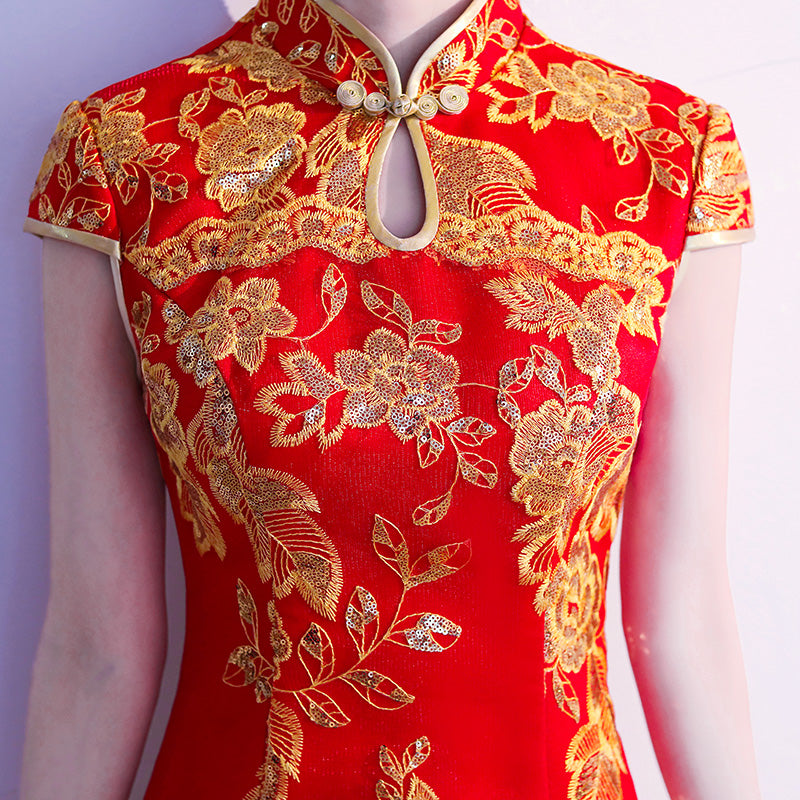 Elegant Red and Blue Sequin Floral Fishtail Qipao Cheongsam Wedding Dress for Brides - Perfect for Chinese Themed Weddings, Photoshoots & Special Occasions
