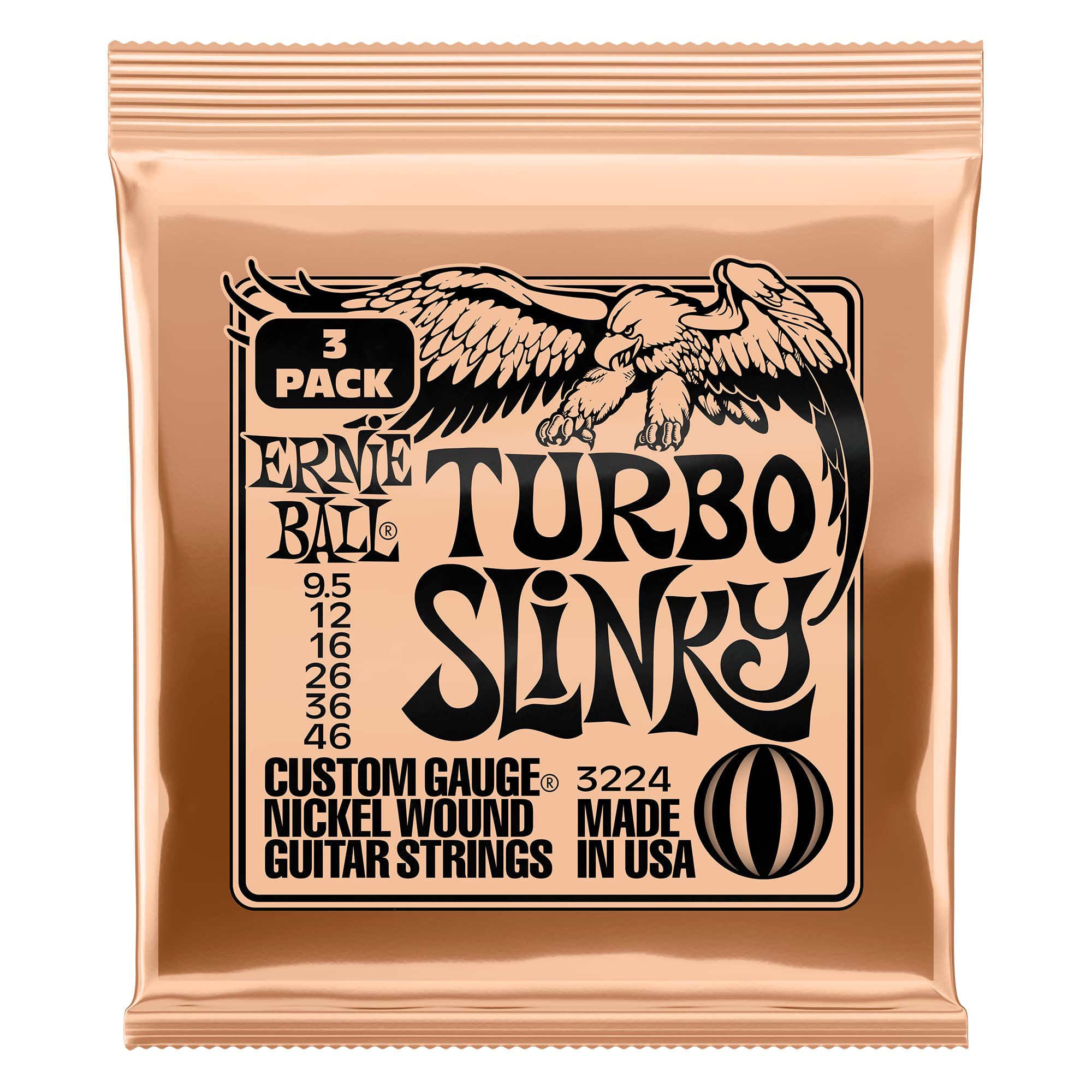 Ernie Ball Turbo Slinky Nickel Wound Electric Guitar Strings 3-Pack - 9.5-46 Gauge (P03224) - Perfect for Rock, Blues & Metal Performances & Studio Recording