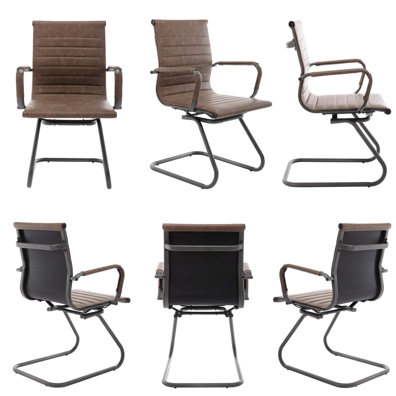 Modern Retro Brown Office Chairs Set of 4 - Heavy Duty 400 lbs Capacity Sled Base Conference Room Chairs - No Wheels Waiting Room Seating for Office, Home, and Business Use