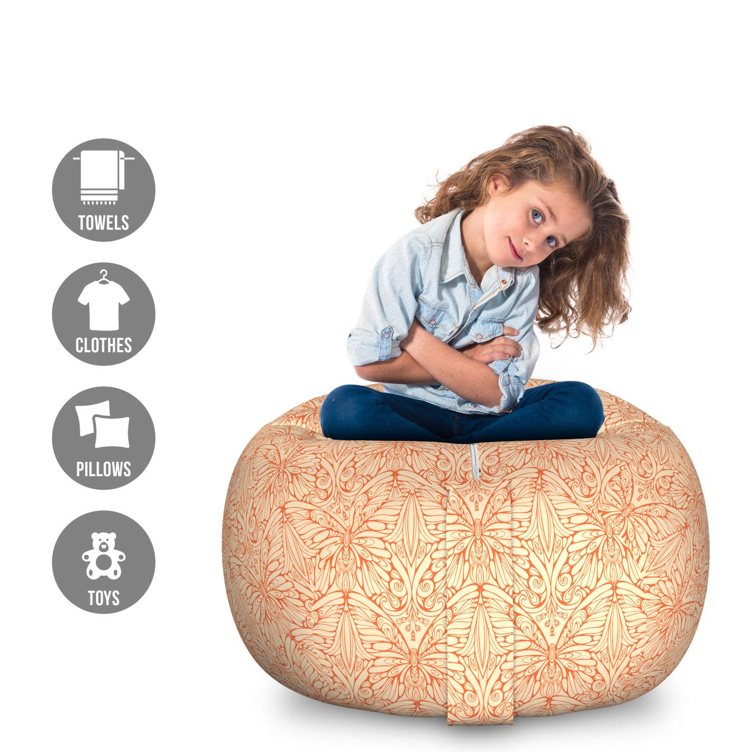 Ambesonne Butterfly Pattern Storage Toy Bag Chair - Large Washable Stuffed Animal Organizer in Pale Peach & Vermilion - Perfect for Kids' Room, Playroom & Nursery Organization