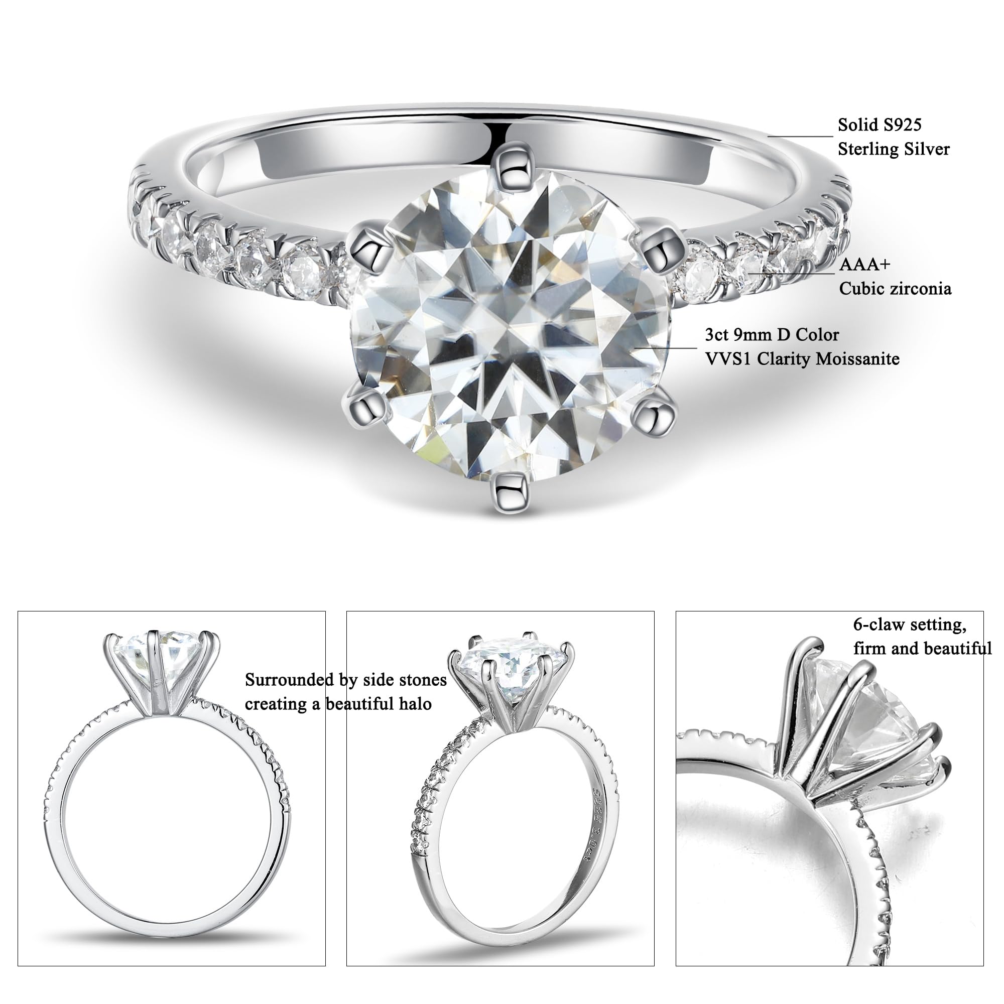 3CT Moissanite Engagement Ring for Women - D Color VVS1 Clarity Lab Created Diamond Alternative, S925 Sterling Silver & 14K White Gold Plated, 6-Prong Setting, Perfect Wedding Proposal, Anniversary Gift & Everyday Luxury Jewelry