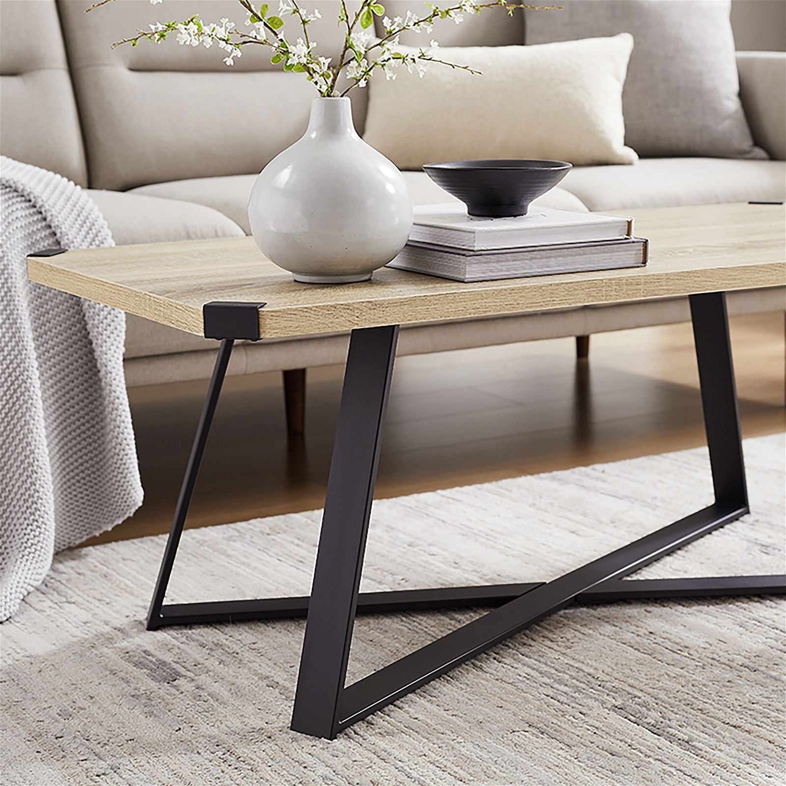 Criterionâ¢ 43-Inch Capri Coffee Table with Black Metal Legs & Oak Top - Modern Living Room Center Table for Home Decor & Entertaining