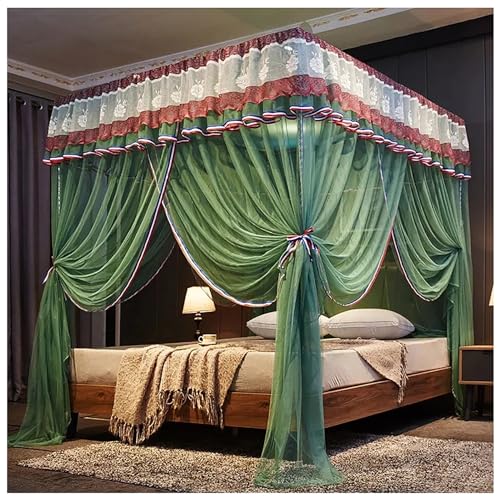 Stainless Steel Bed Canopy Frame with 4 Corner Posts - Queen Size Green Bed Curtain Canopy for Adults | Perfect for Bedroom Decor, Privacy & Romantic Ambiance