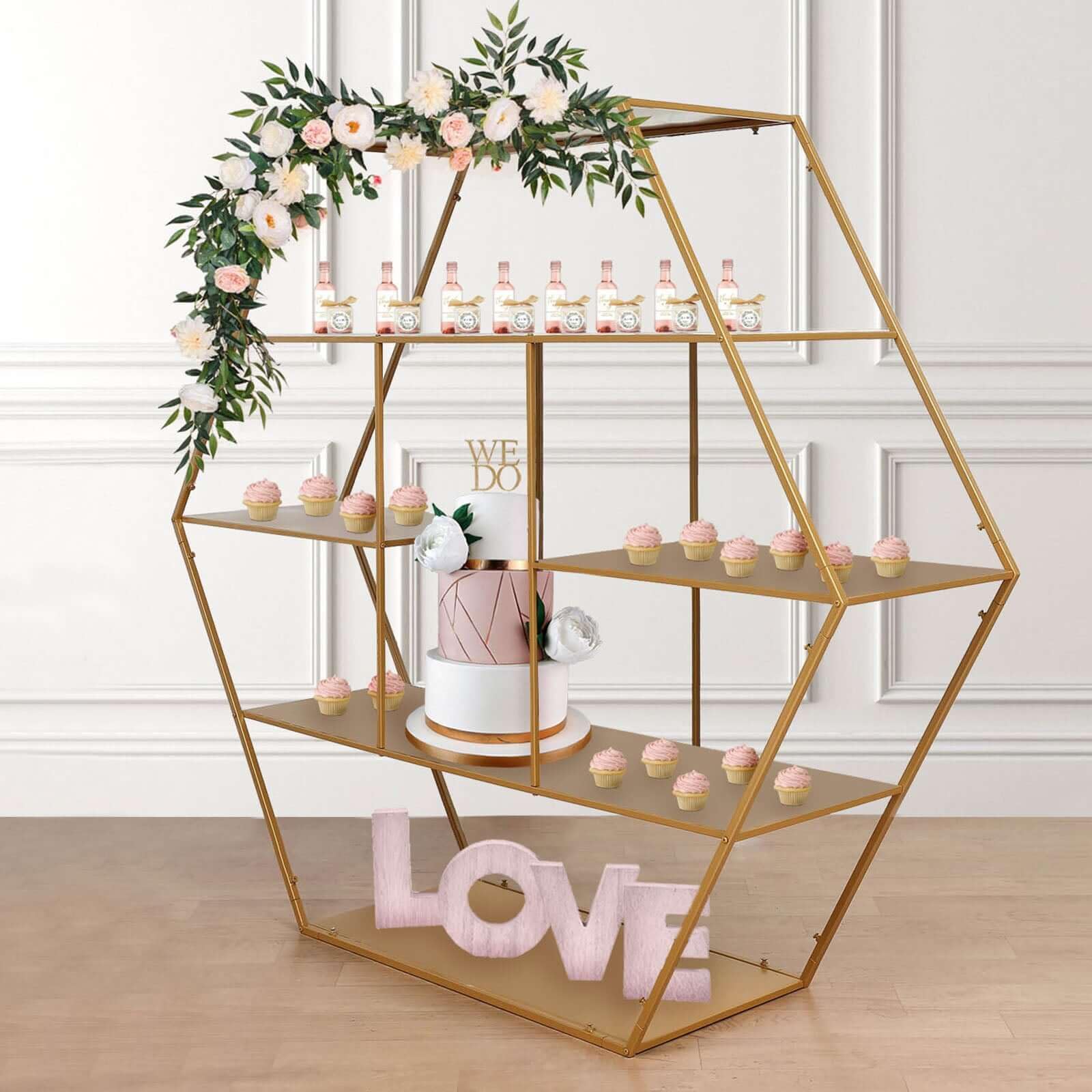 Efavormart 4ft Large Gold Metal Hexagonal Cake Dessert Display Stand - Wedding Arch Backdrop, Balloons Rack, Modern Bookcase - Perfect for Wedding Decor, Party Centerpiece & Home Display