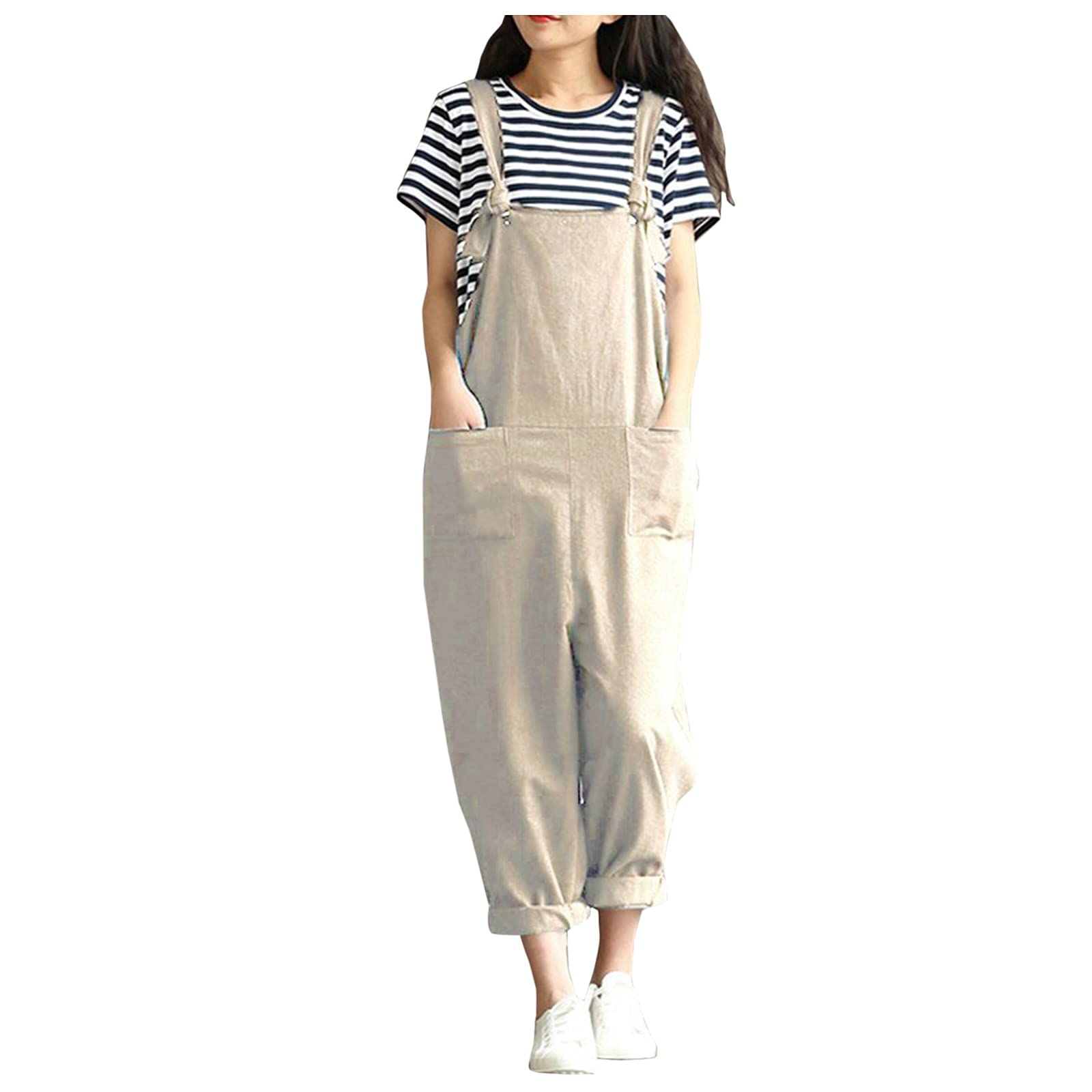 QNIHDRIZ Women's Baggy Bib Overalls - Trendy College Style Jumpsuit with Roll-Up Legs & Pockets | Casual Outfit for School, Work & Streetwear Fashion