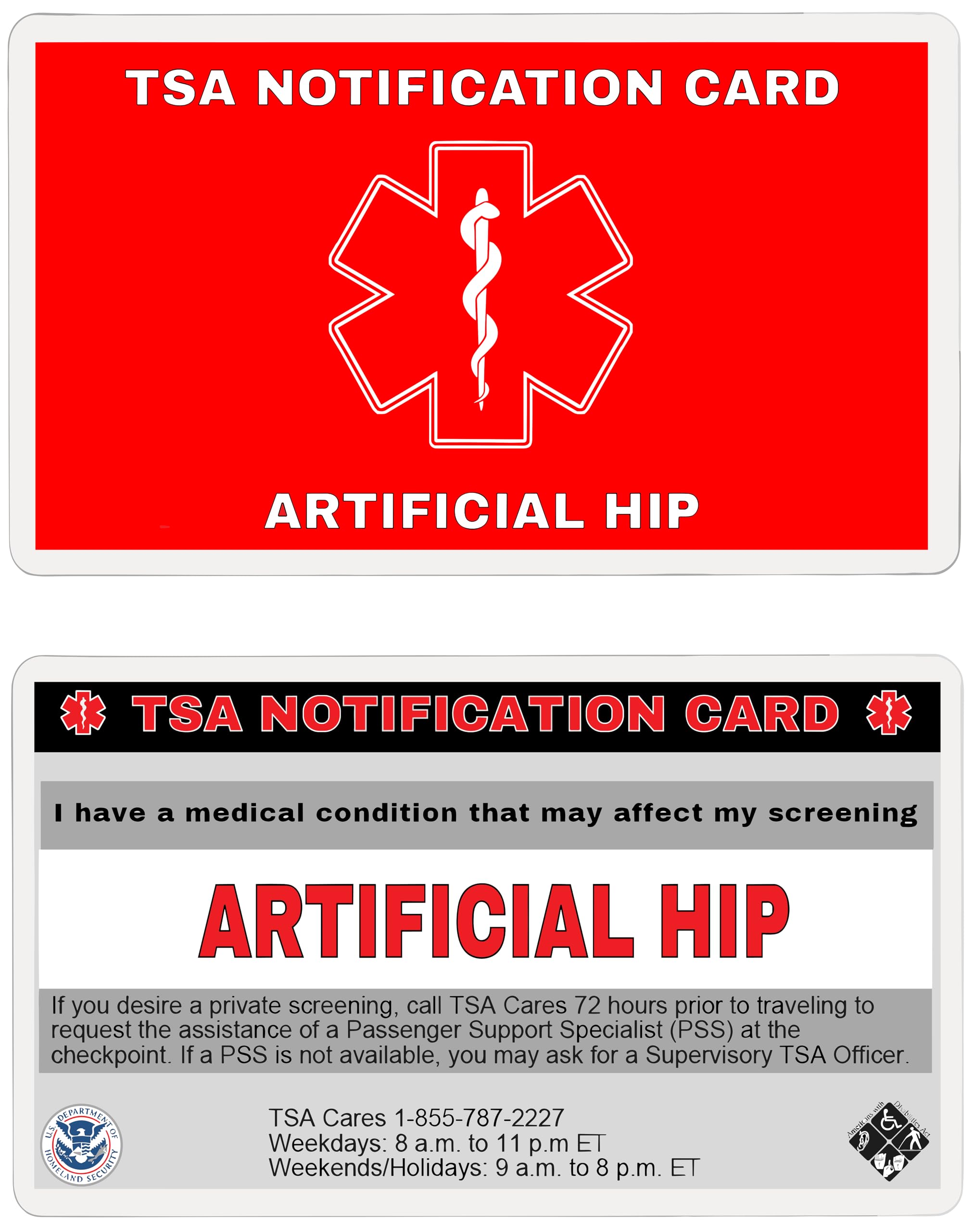 TSA Notification Card for Hip Replacement - 4 Pack | Artificial Hip Implant Air Travel Wallet | Ideal for Airport Security & Travel Convenience