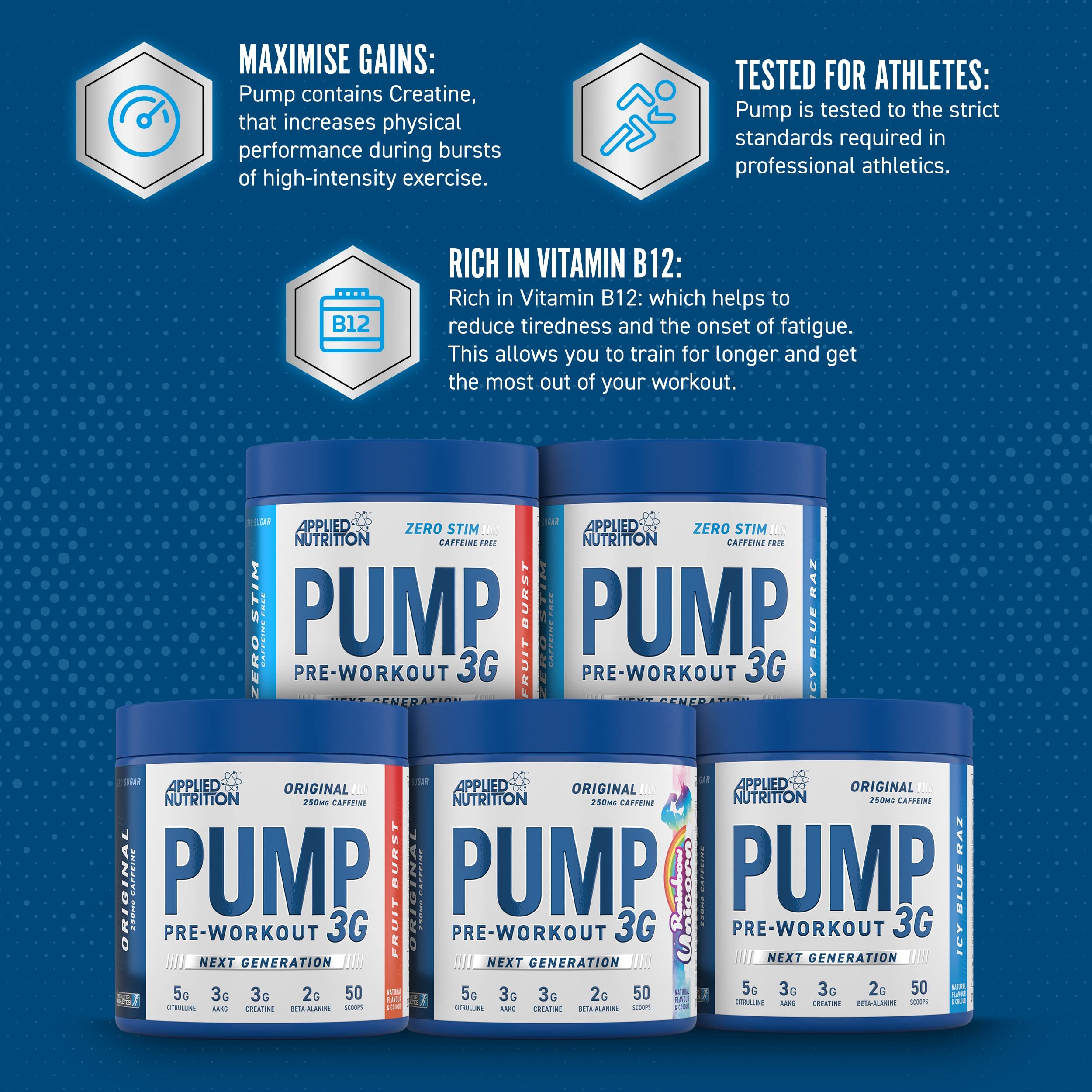 Applied Nutrition Pump 3G Stimulant-Free Pre-Workout Powder - Fruit Burst Flavor (375g) | Muscle Pump & Endurance Booster for Gym & Fitness Training | EAN 634158794346