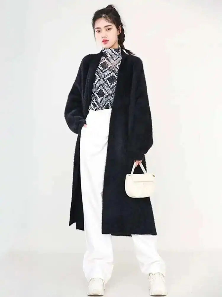 Black Oversized Long Knit Sweater Cardigan for Women - Loose Fit V-Neck Long Sleeve Fashionable Pullover (Spring/Autumn 2025) - Perfect for Casual Outfits, Office Wear & Cozy Evenings