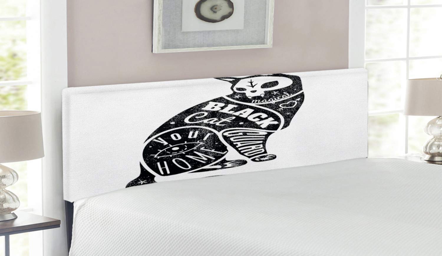Ambesonne Modern Upholstered Headboard - Black & White Fortune Magician Skull Cat Art Design with Memory Foam, Queen Size Metal Bed Frame Headboard | Perfect for Gothic, Bohemian & Contemporary Bedroom Decor
