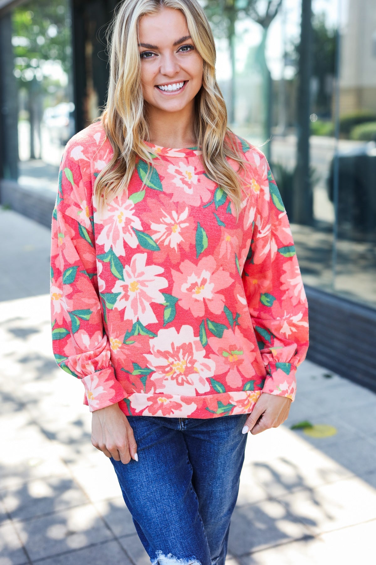 Stylish Red Floral Brushed Hacci Sweater Top for Women | Soft Comfortable Knit Pullover | Perfect for Fall Outfits, Date Nights & Casual Wear